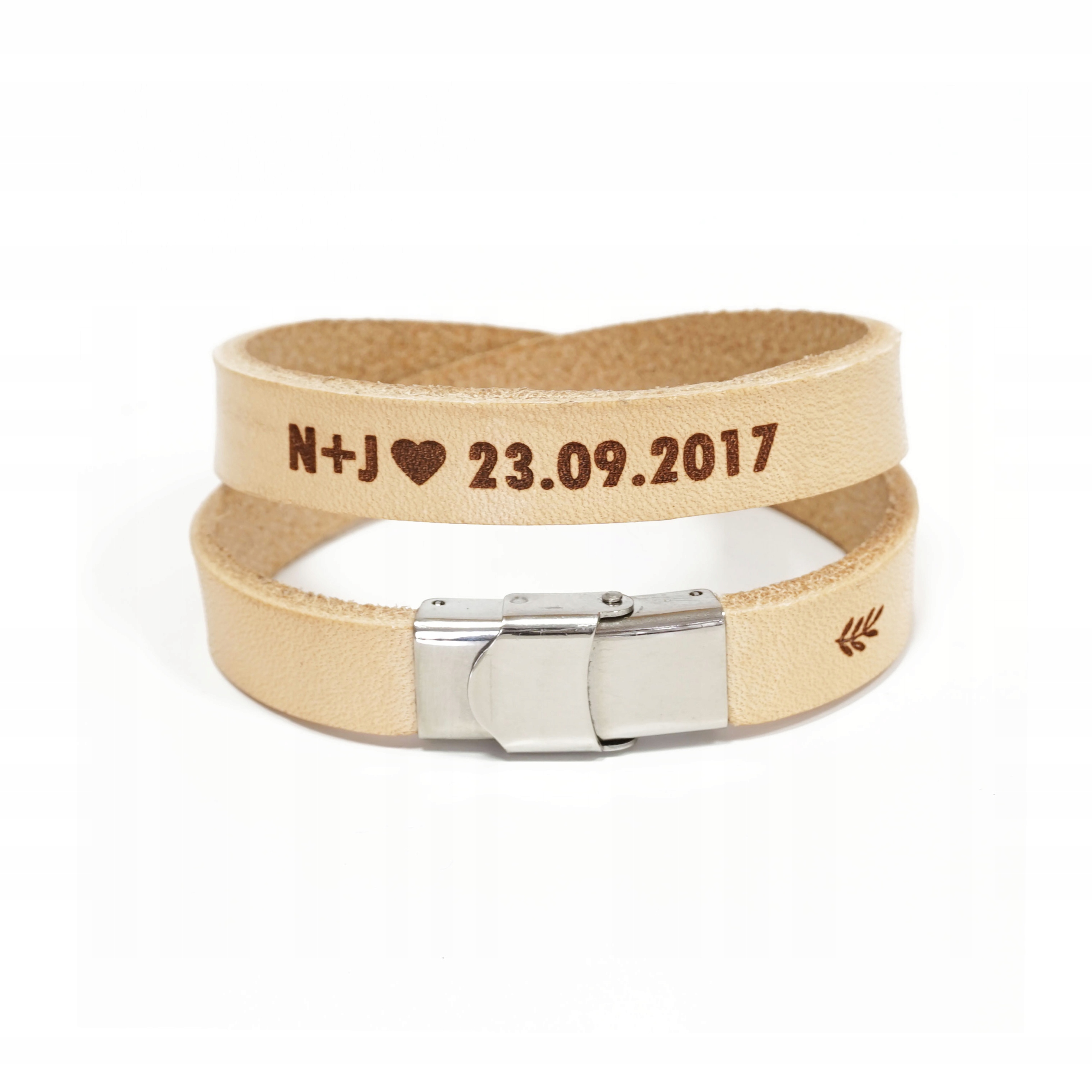 

Skórzana, beżowa bransoletka z Grawerem podwójna