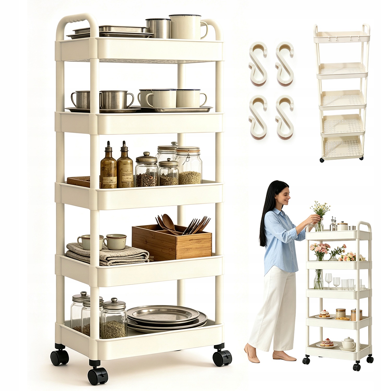 Kuchyňský Regál Koupelnový Mobilní 5 Úrovní Kolečka 360° 128 CM Abs