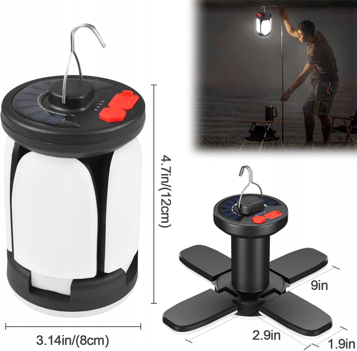 SOLARNA LAMPA KEMPINGOWA, ŁADOWANIE PRZEZ USB, PRZENOŚNA LATARNIA OGRODOWA Liczba trybów 5