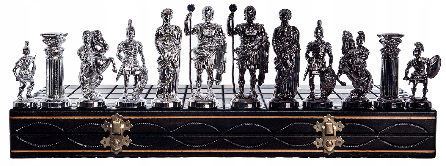 SZACHY RZYMSKIE DREWNIANE SREBRNO-CZARNE DUŻE 42cm Wersja językowa gry niezależna językowo