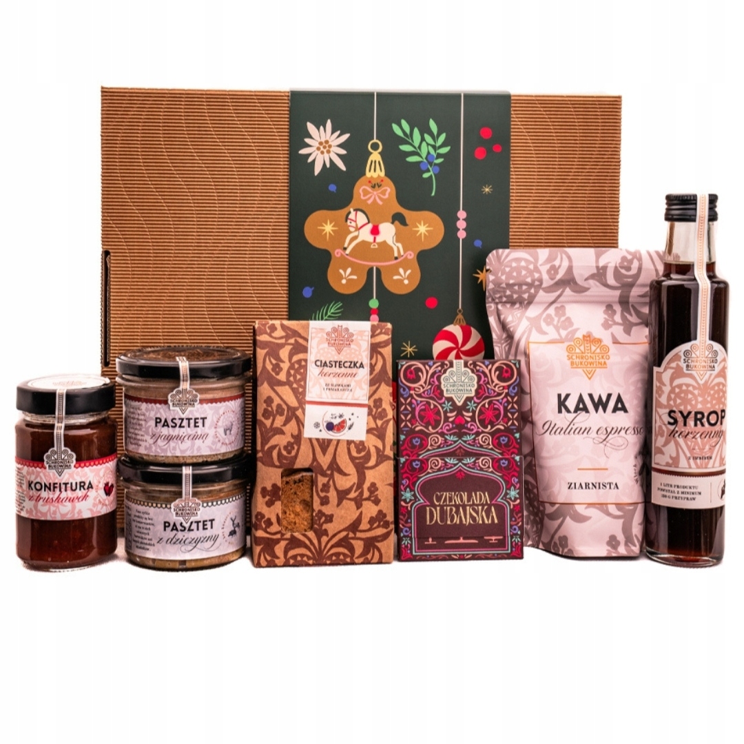 Levně Sada pod vánoční stromeček koš Schronisko Bukowina káva sirup čokoláda dubajská