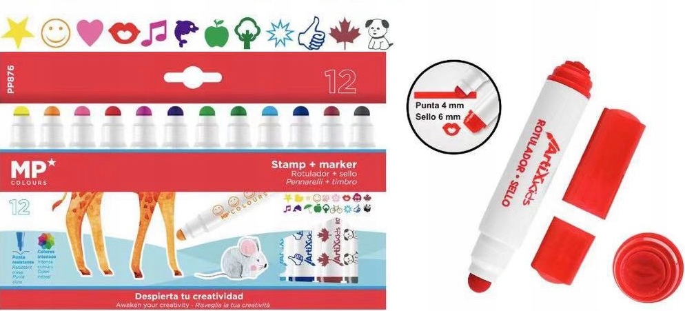 FLAMASTRY MAZAKI PISAKI 12 KOLORÓW PIECZĄTKI