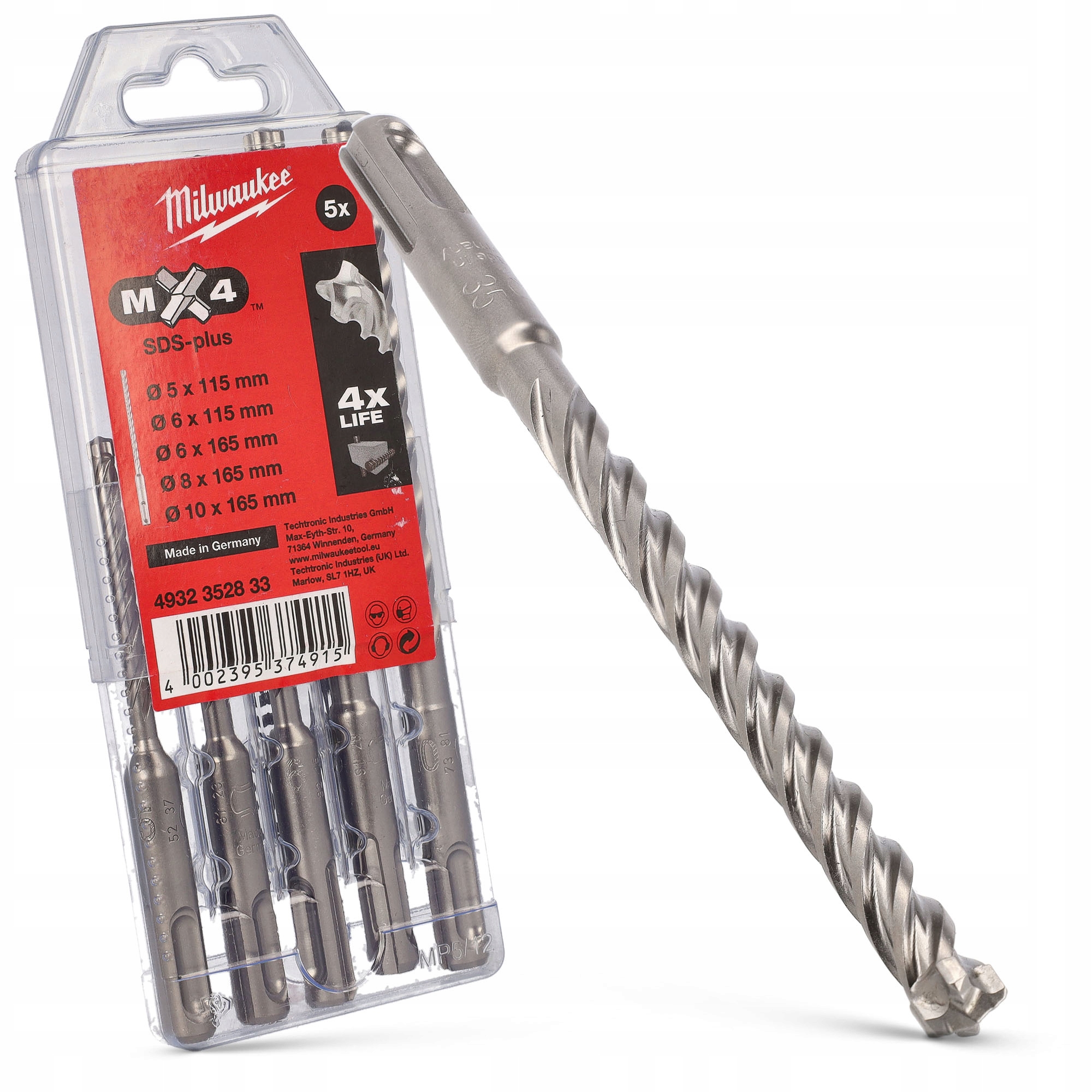 Sada vrtáků Milwaukee Sds Plus MX4 5 ks 5 6 8 10 mm do betonu, 4 čepele