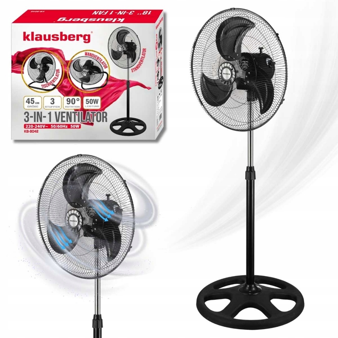 Ventilátor Podlahový Stolní Větrák Nástěnný 3v1 Klausberg KB-9042