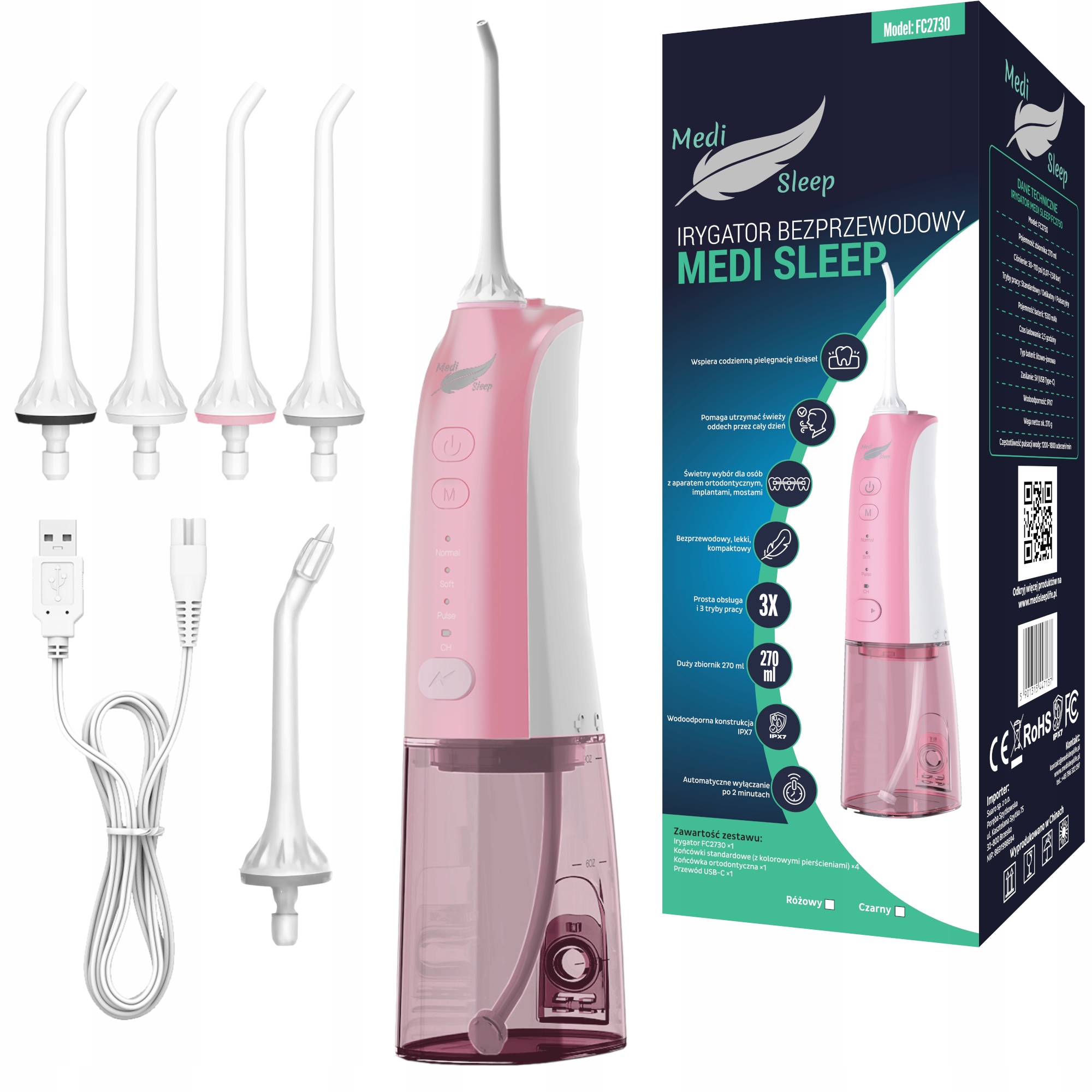 Irygator Do Zębów Różowy Bezprzewodowy Pulsacyjny Dentystyczny 4 Tryby 5