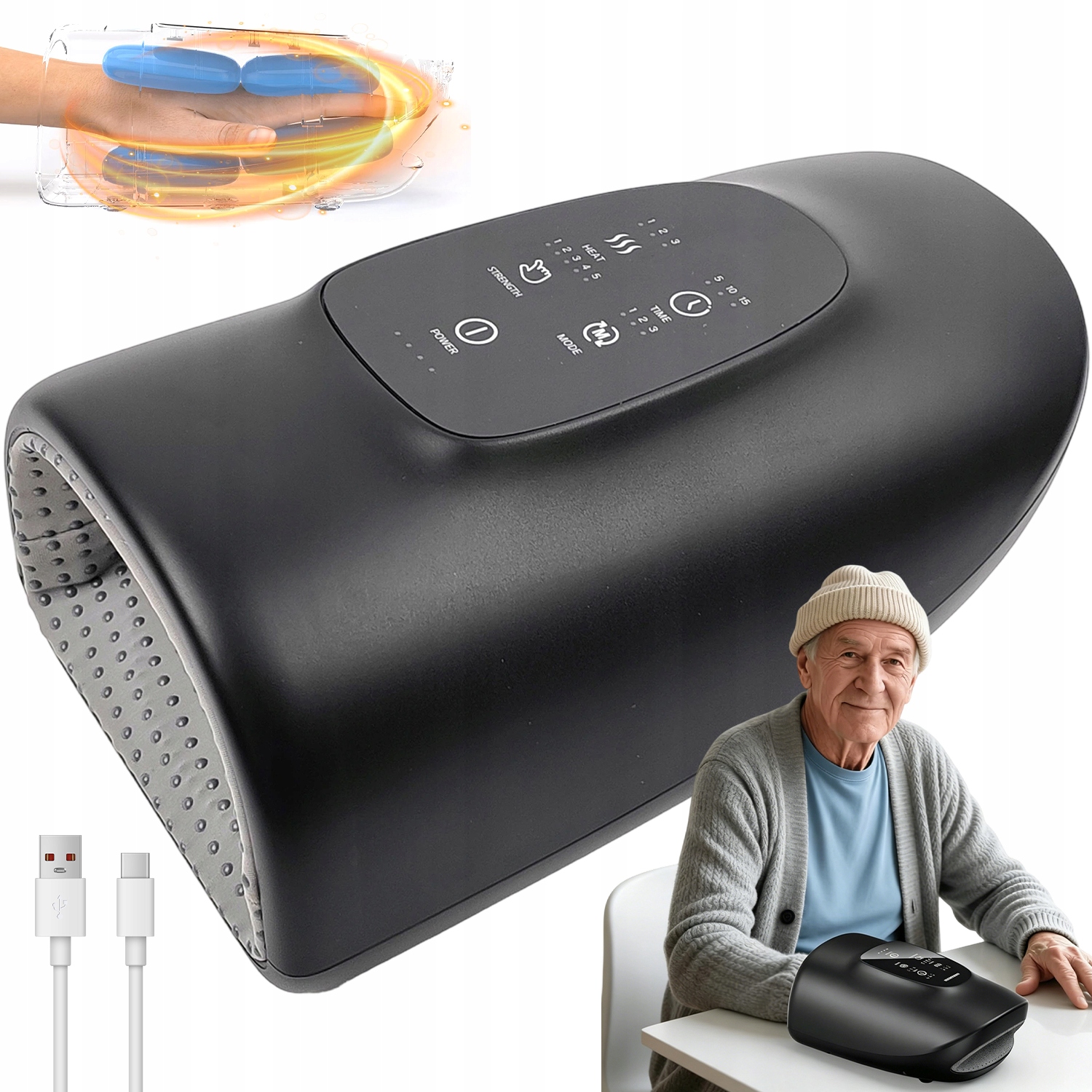Elektryczny Masażer Dłoni 2000MAH 3 Tryby Timer 5/10/15MIN Czarny