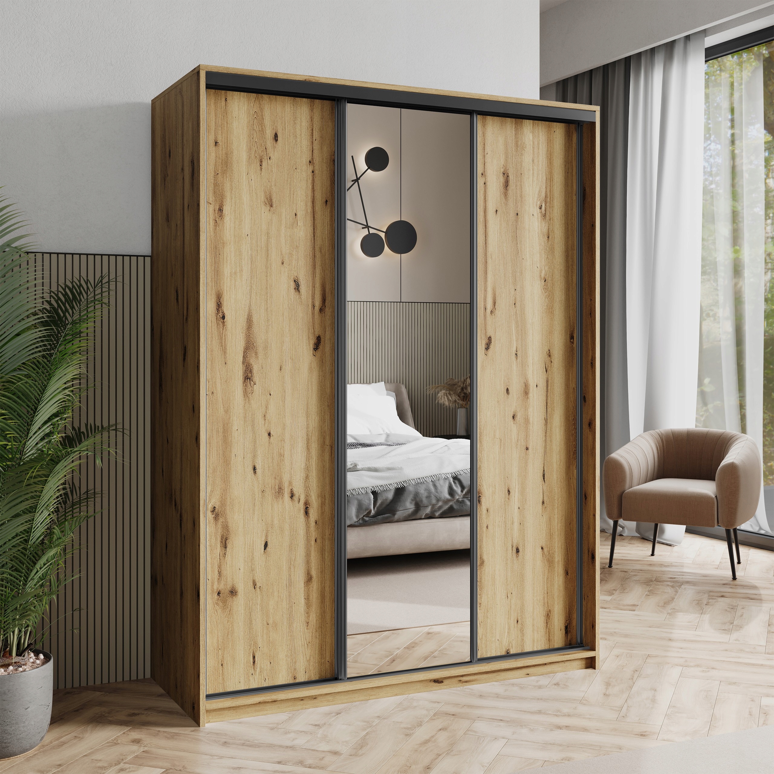 Skříň Třídveřová Tavi 150 cm se zrcadlem Zásuvky Artisan Černá