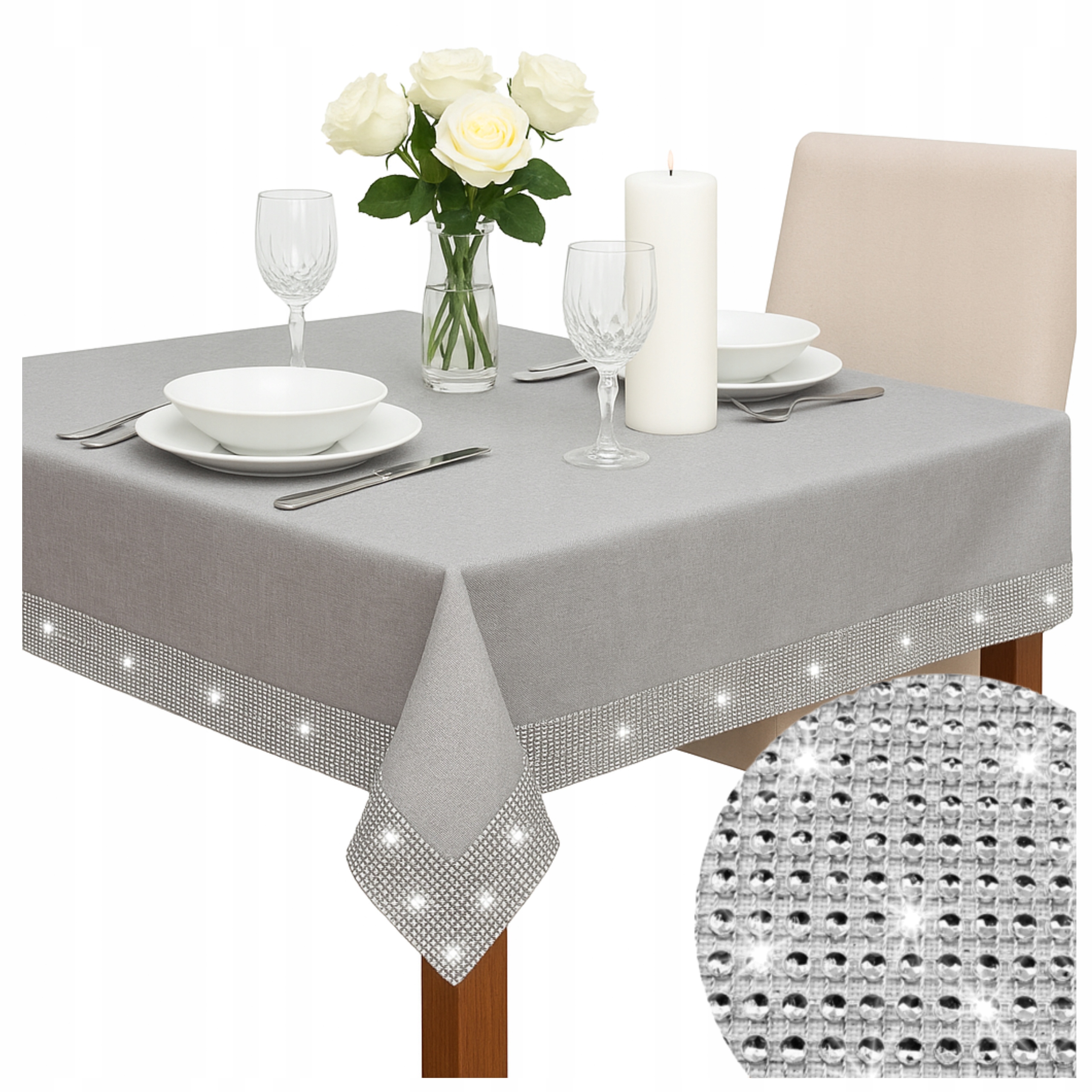 Obrus Szary Srebrny popielaty plamoodporny Glamour Cyrkonie 160x300 gładki