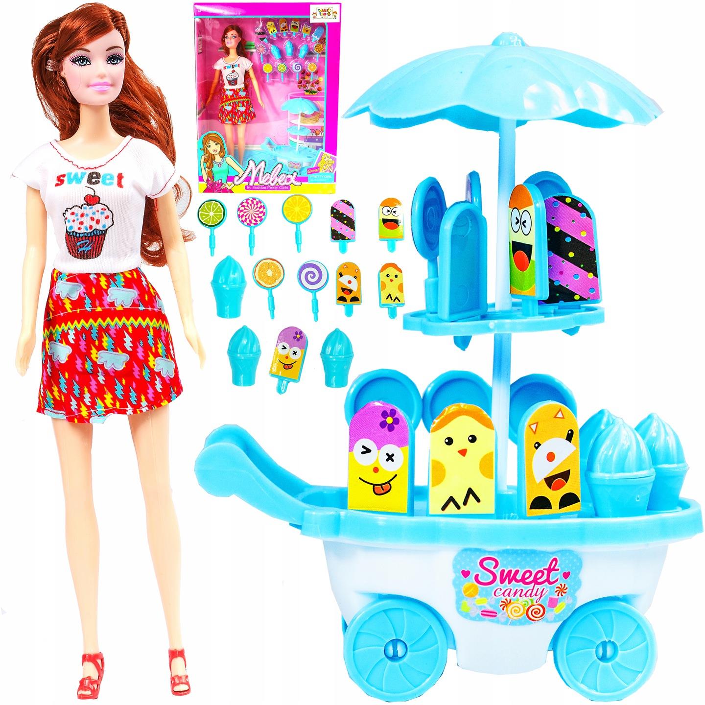 ZESTAW LALKA SPRZEDAWCZYNI LODÓW WÓZEK + AKCESORIA