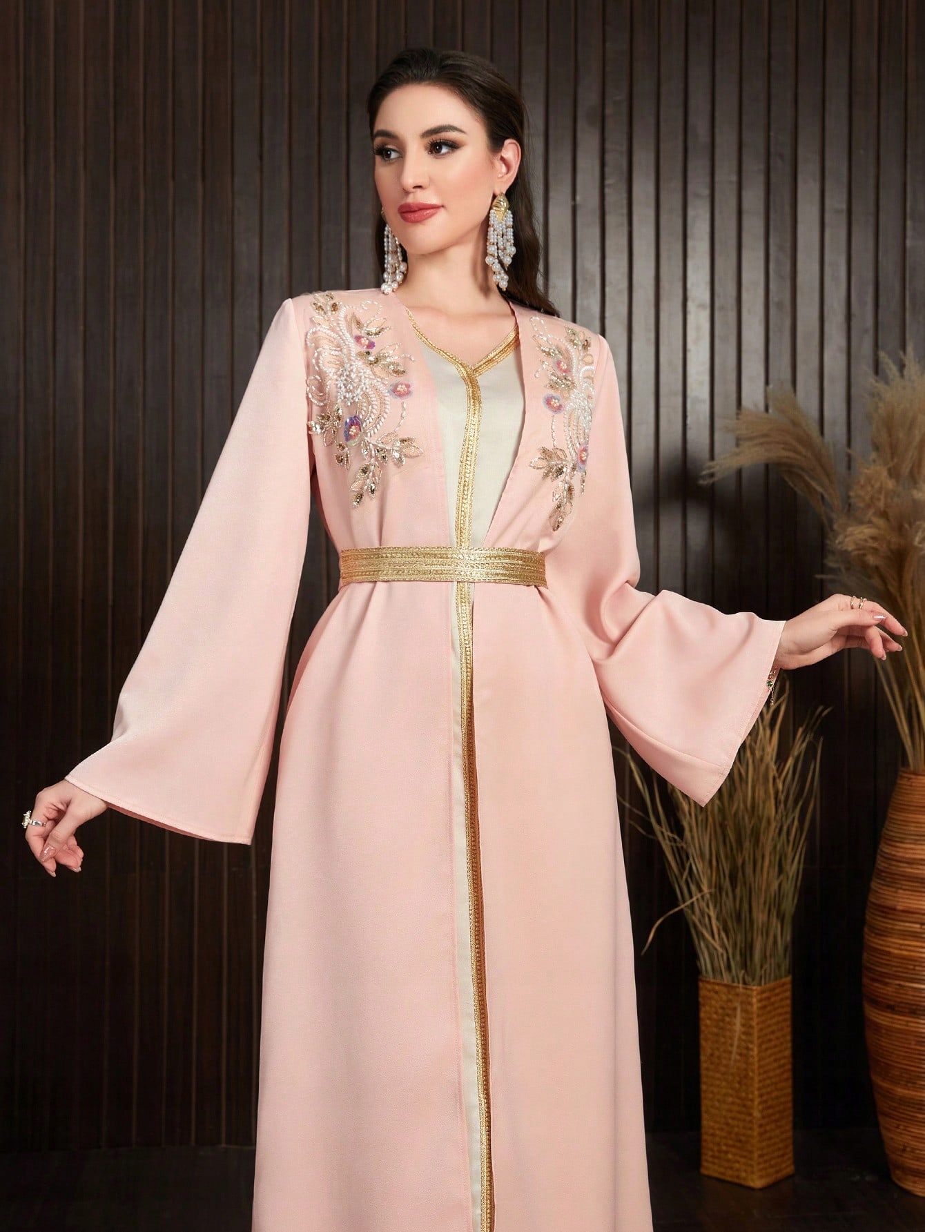 Šaty Maxi Dvoudílná Zdobená V Arabském Stylu Růžová Shein L 40