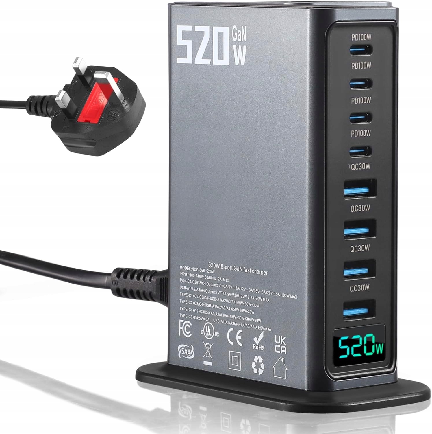 Síťová nabíječka GaN 520W 8 portů Usb-c Pd Qc Notebook pro MacBook iPhone