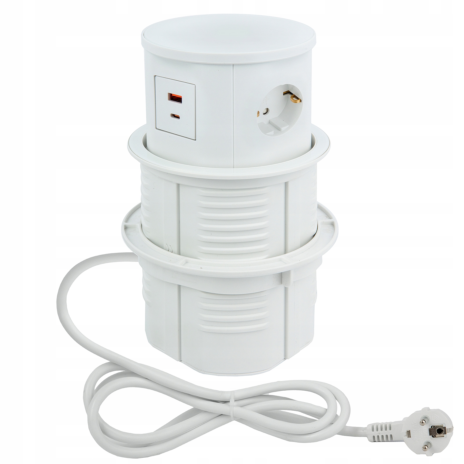 Zásuvka na dosku zasúvateľná do dosky, biela, výsuvná, 3 x 230 V, 2 x Usb