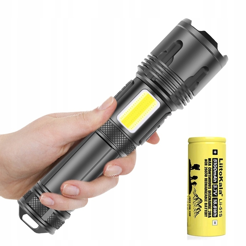Výkonná svítilna XHP100 zoom Cob Led 26650 LiitoKala 5100 mAh