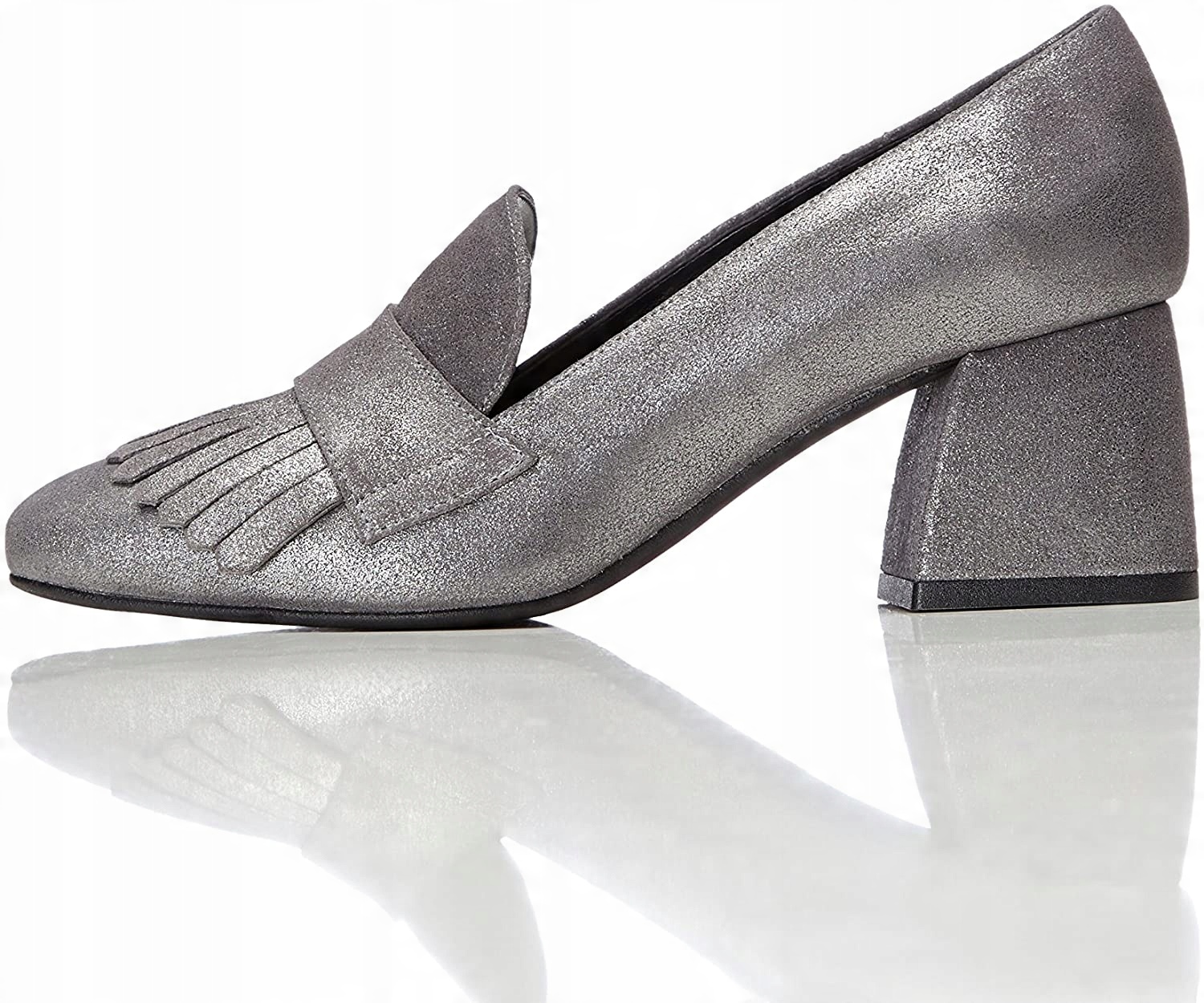 

Srebrne damskie czółenka Loafer słupek 5 cm
