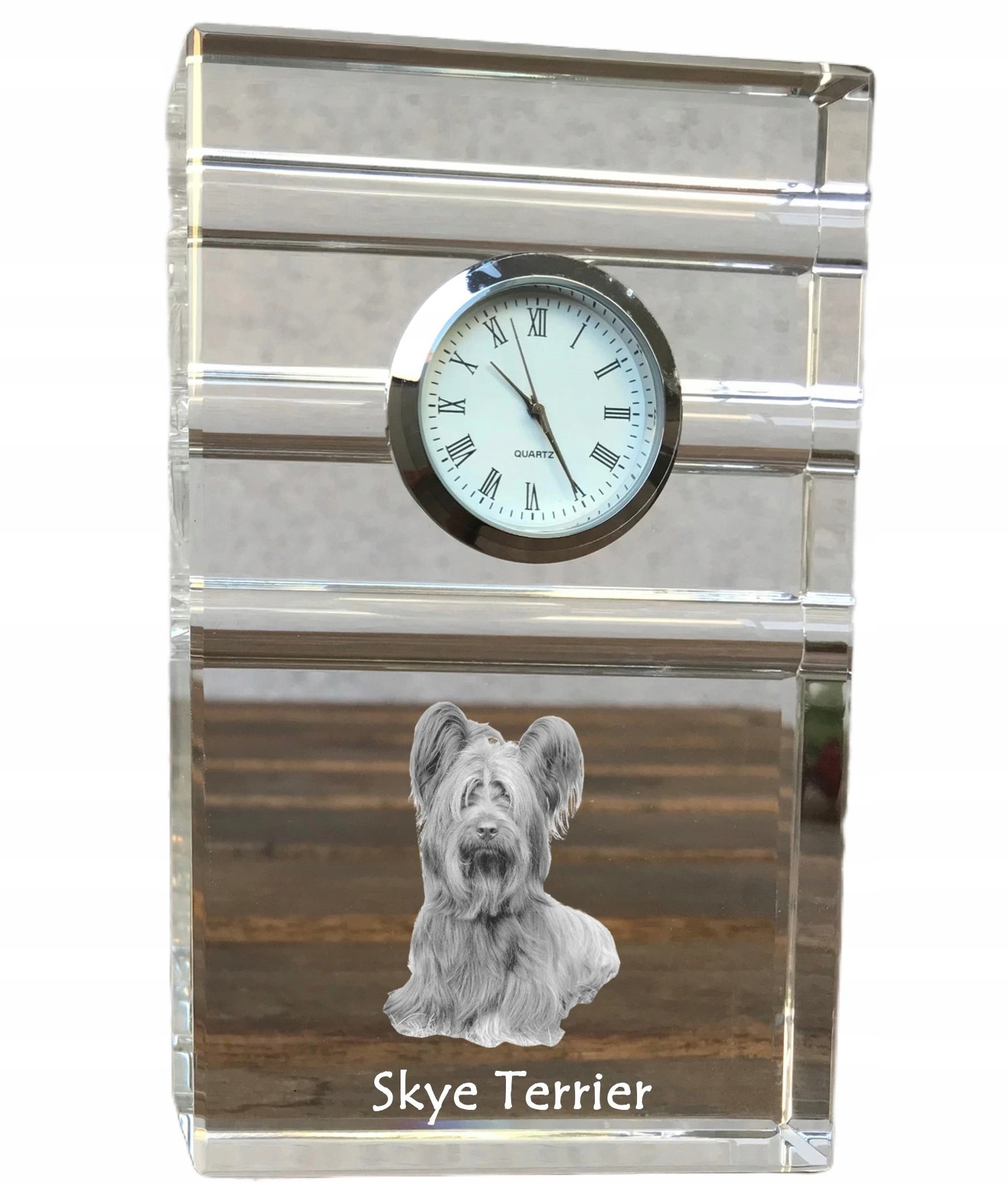Skye Terrier krištáľové stolové hodinky so psom, s vašou fotografiou