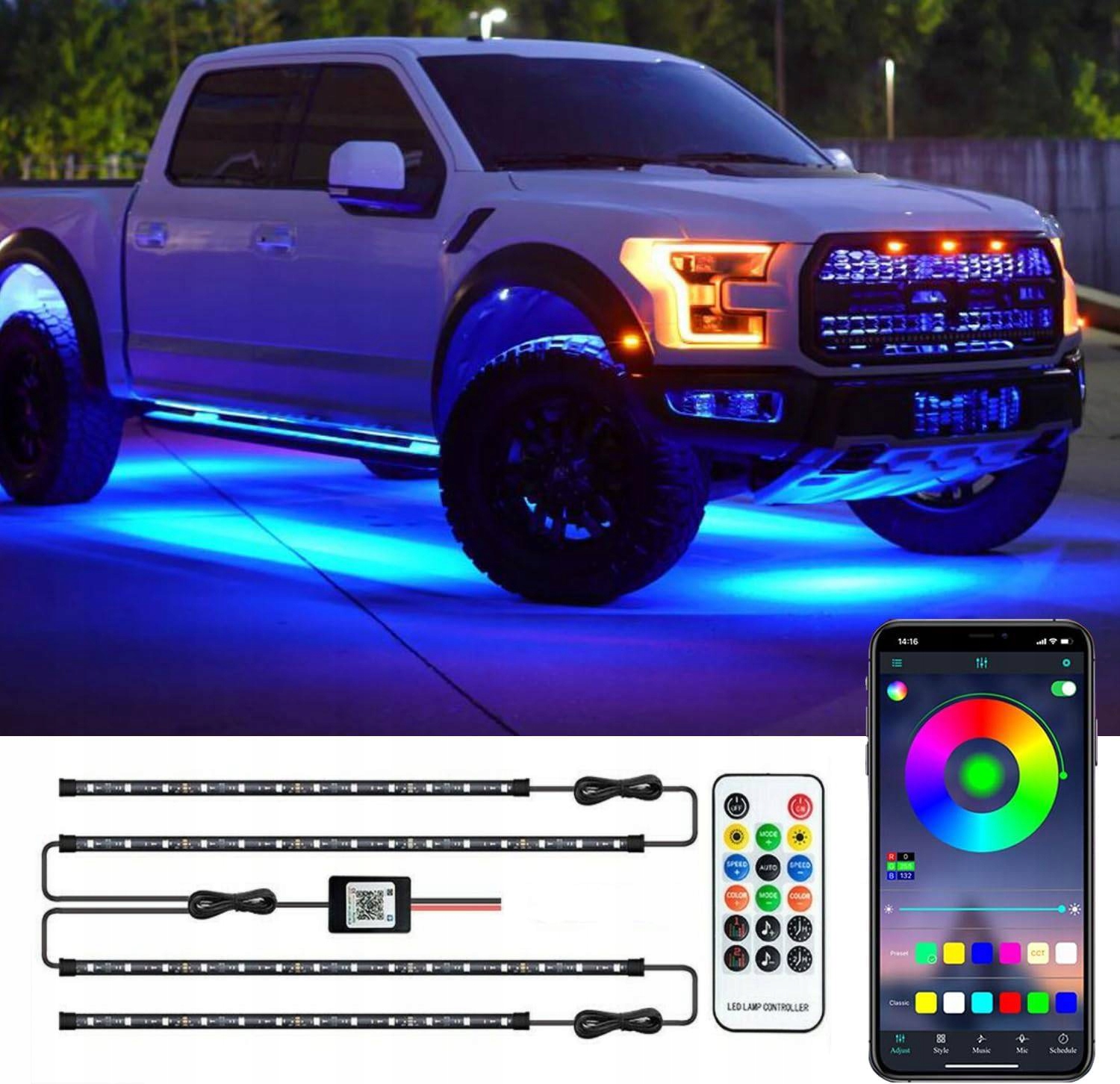Neony Rgb, vícebarevná světelná lišta pro osvětlení podvozku dálkový ovladač