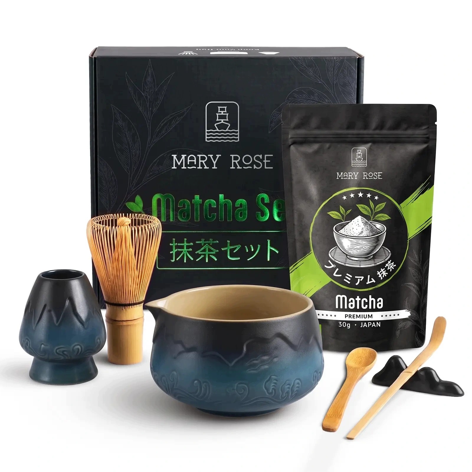 Dárková sada Matcha japonská Bio Premium Mary Rose 30g Příslušenství