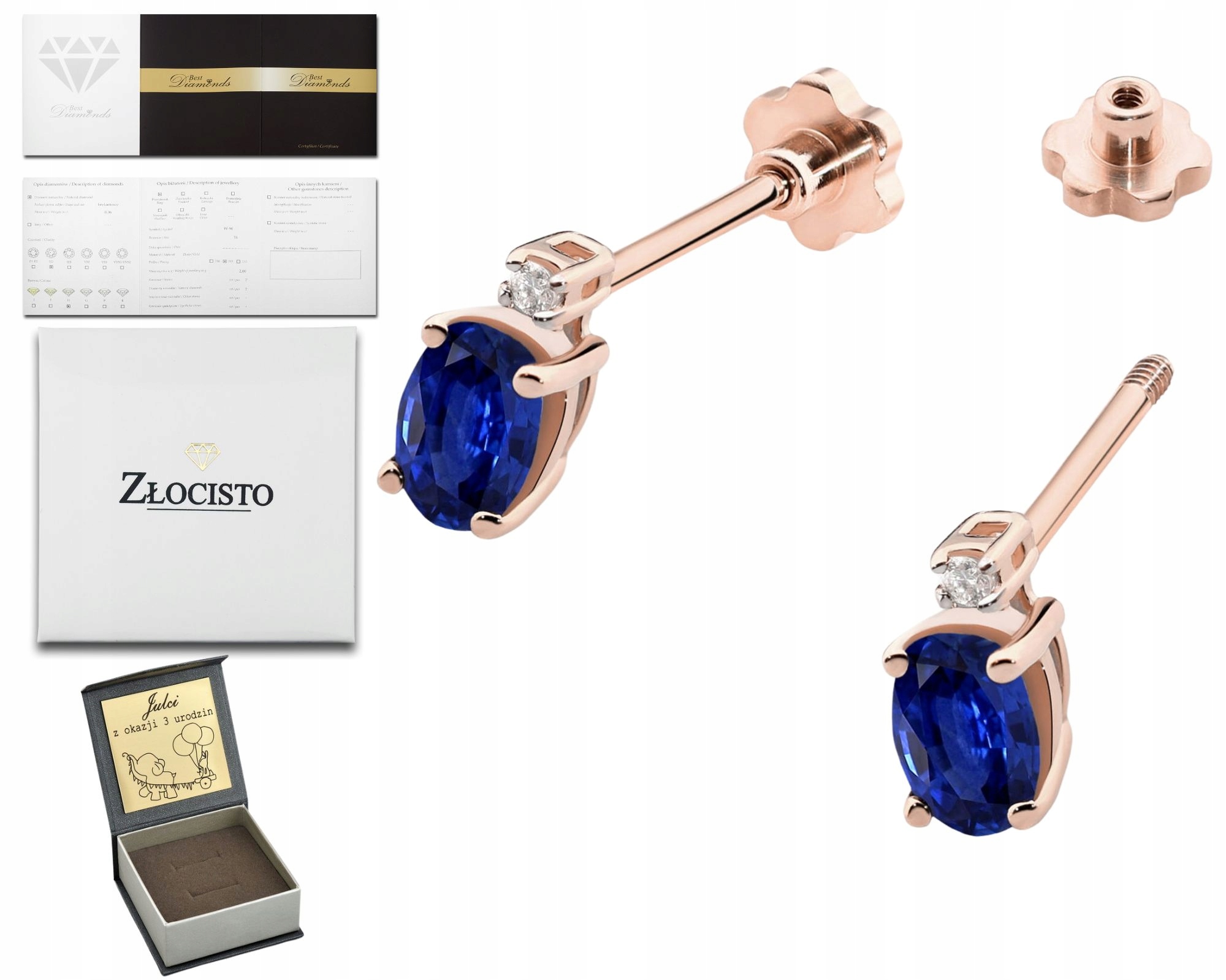 Růžové Zlato Náušnice Safír A Diamanty Šroubovací Tyčinka Zlato 585 Dárek