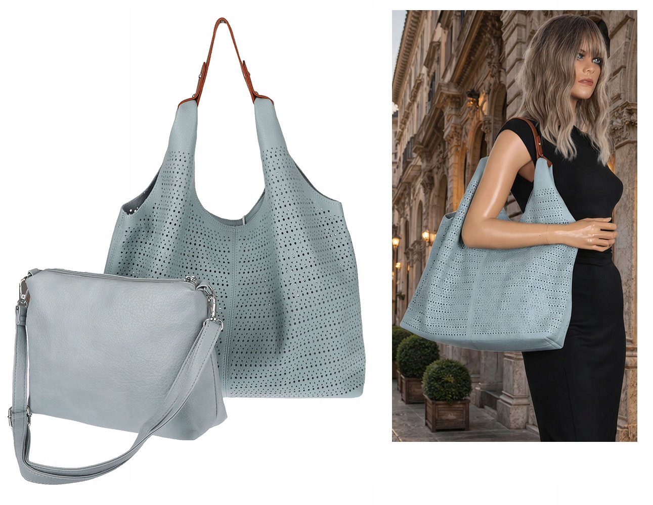 Dámská kabelka shopper taška 2v1 poštovní taška ažurová D1901 Modrá