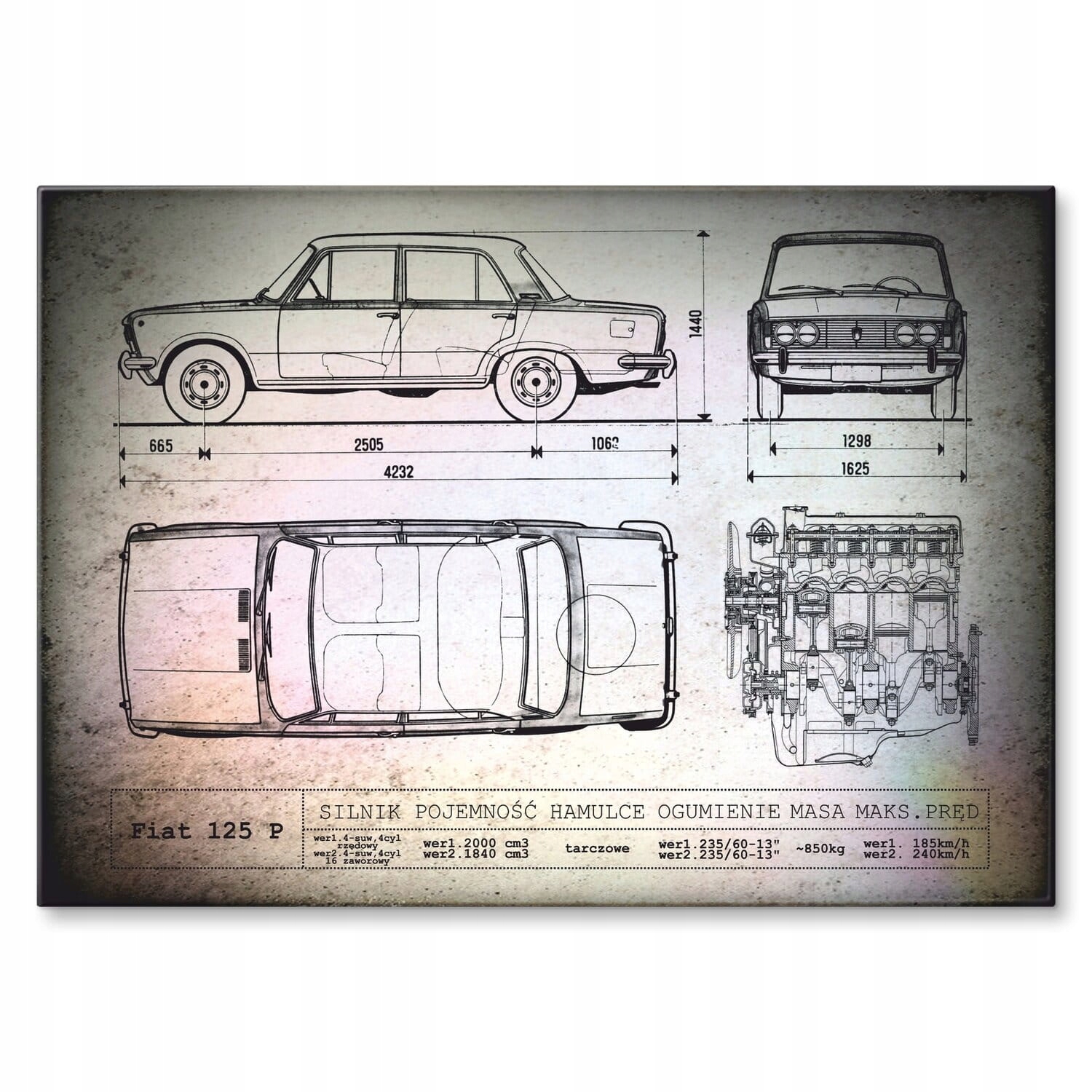 Dárek Kovový Plech Auto Klasik Fiat 125 P Grafika Technický Výkres