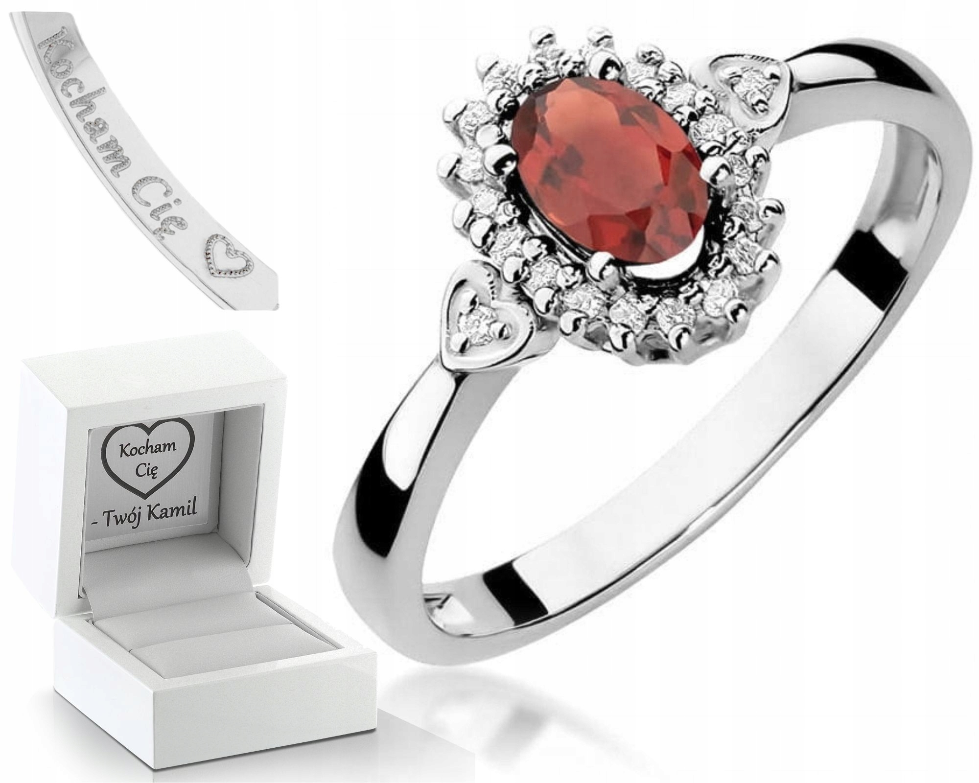 Zásnubní Prstýnek Zlato Granát Bílé Zlato Brilianty Gravírování Bonus 585