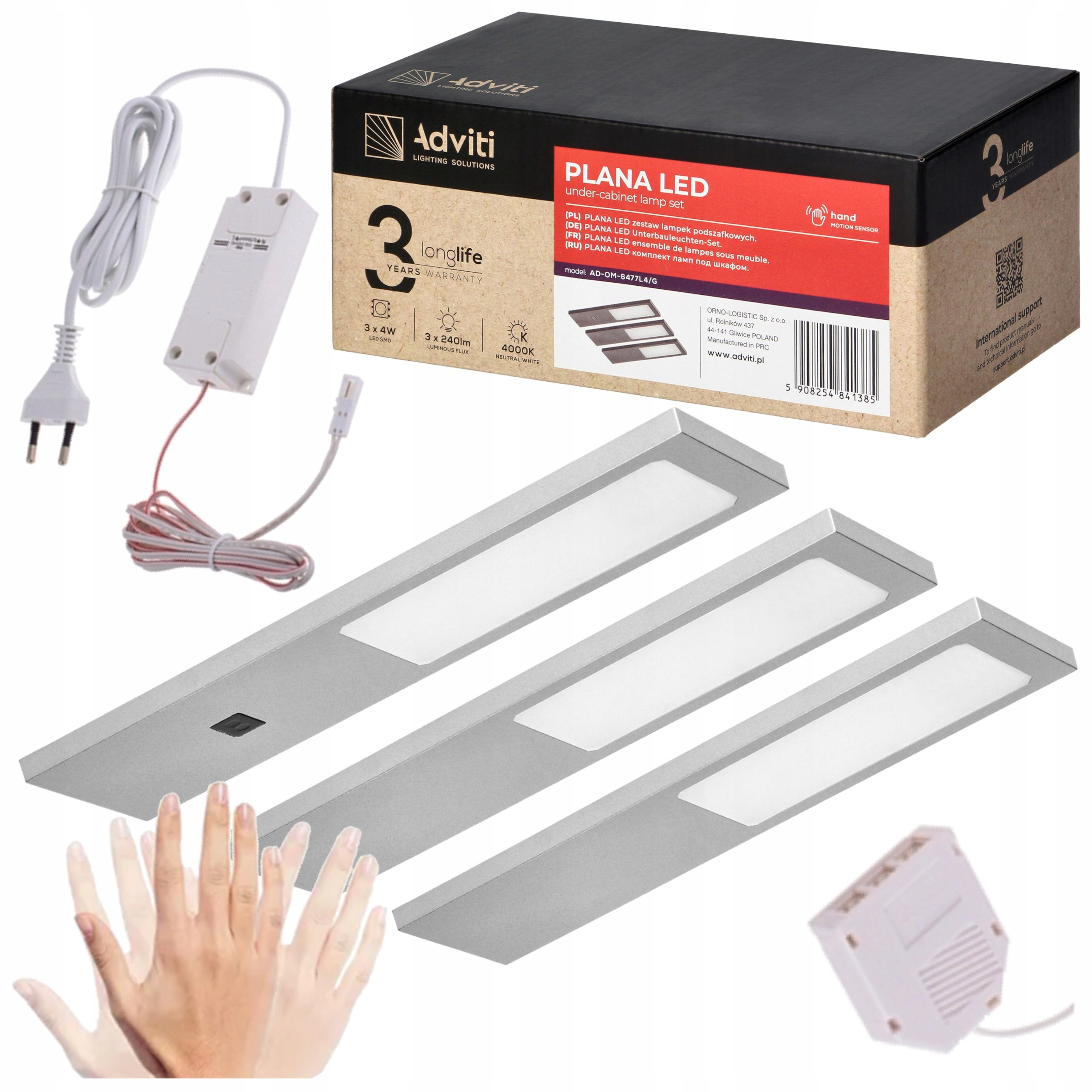 Zestaw 3x Lampa Podszafkowa Led Z Włącznikiem Na Ruch Ręki 3x4W 4000K Szara