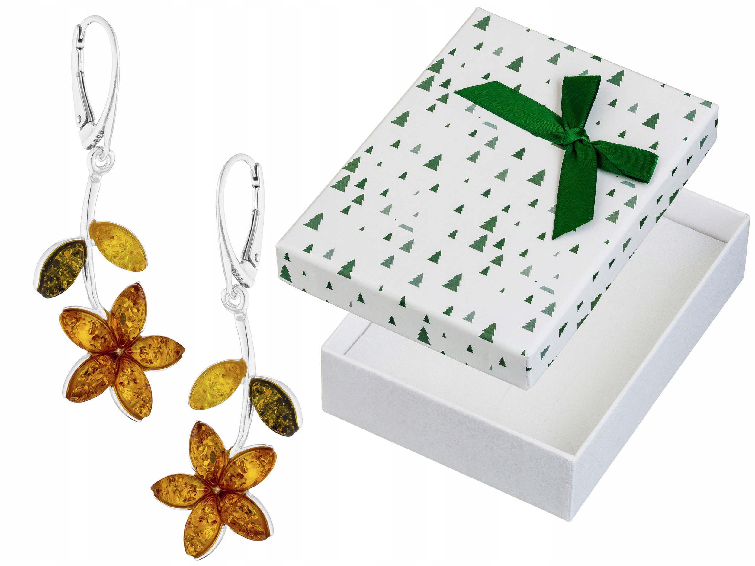 Stříbrné Náušnice Závěsné květiny s jantarem Anglické zapínání Květiny