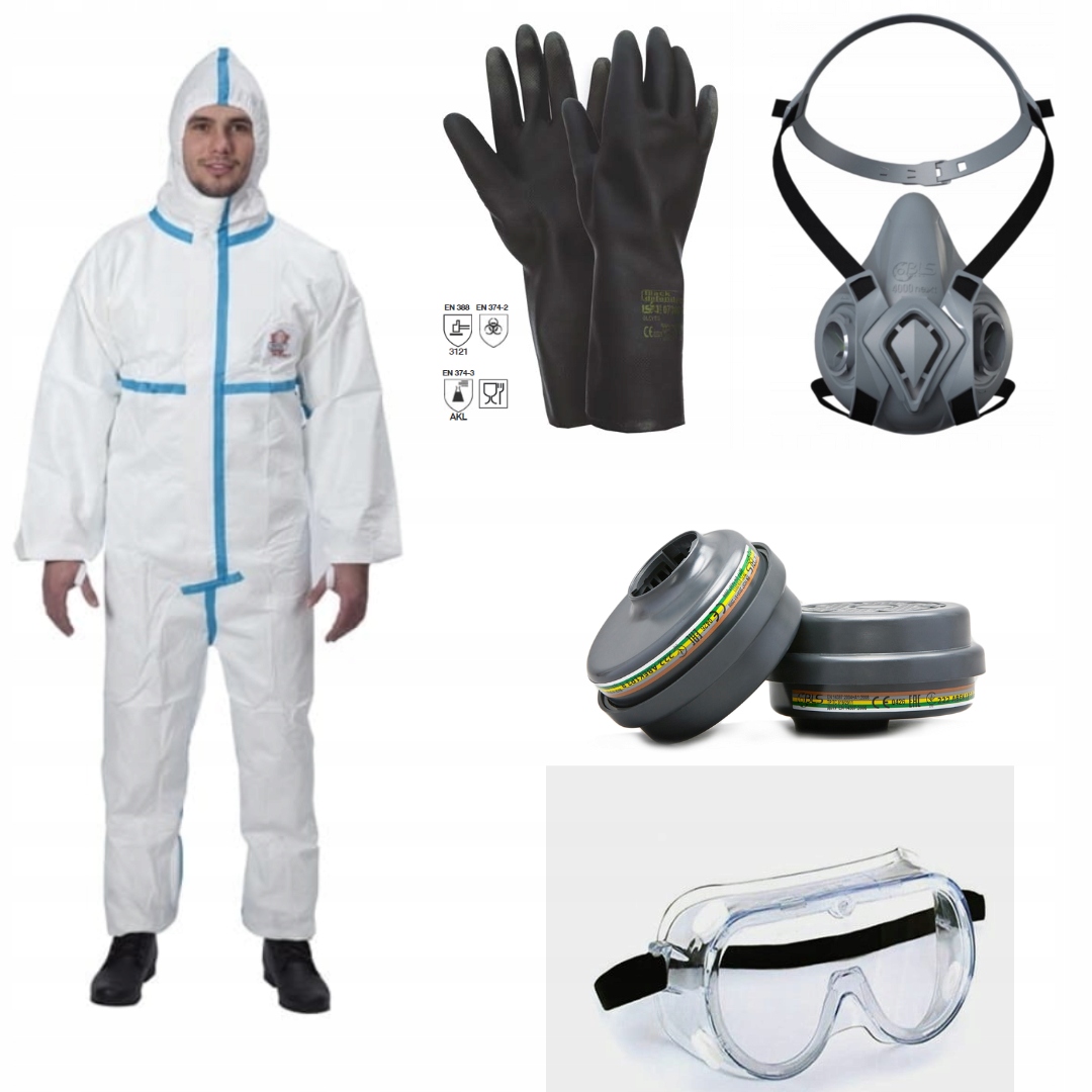 Maska na postřik ochranný set kombinéza brýle rukavice filtry L