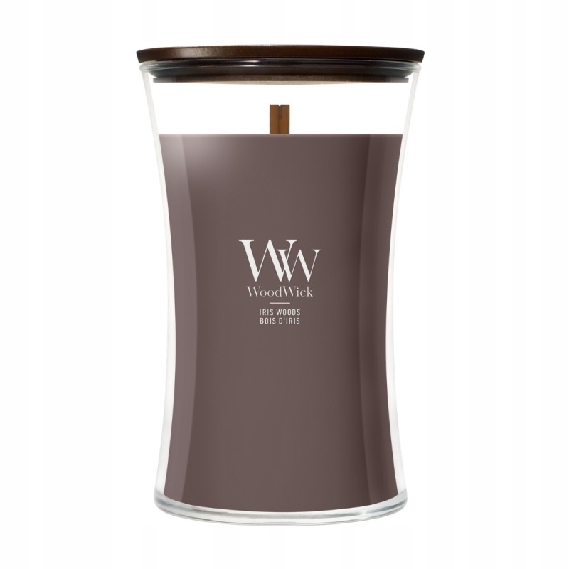 WoodWick Iris Woods velká vonná svíčka 610 g, dřevěný, krepatý knot