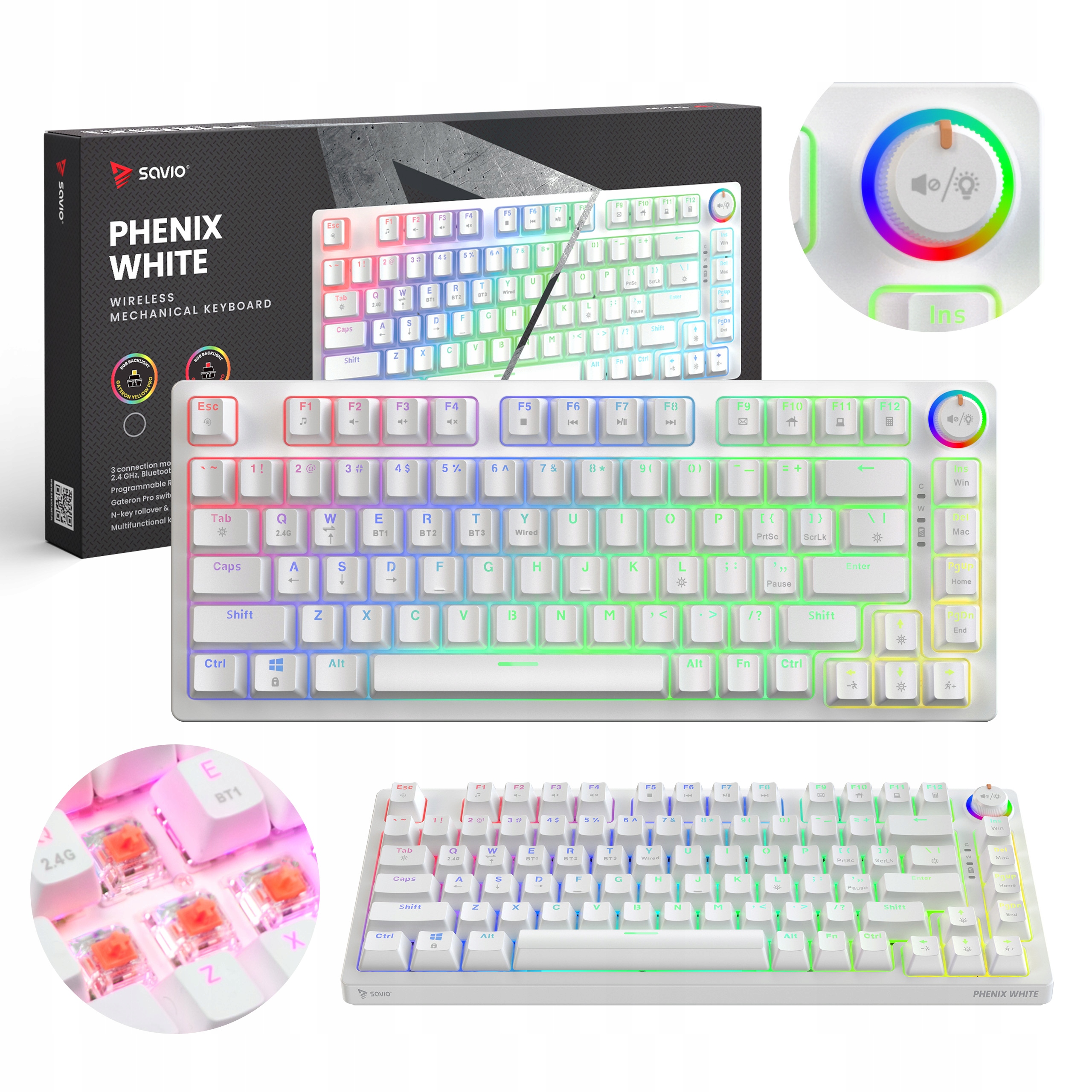 Klawiatura mechaniczna bezprzewodowa Savio Phenix White Gateron Red Pro Abs