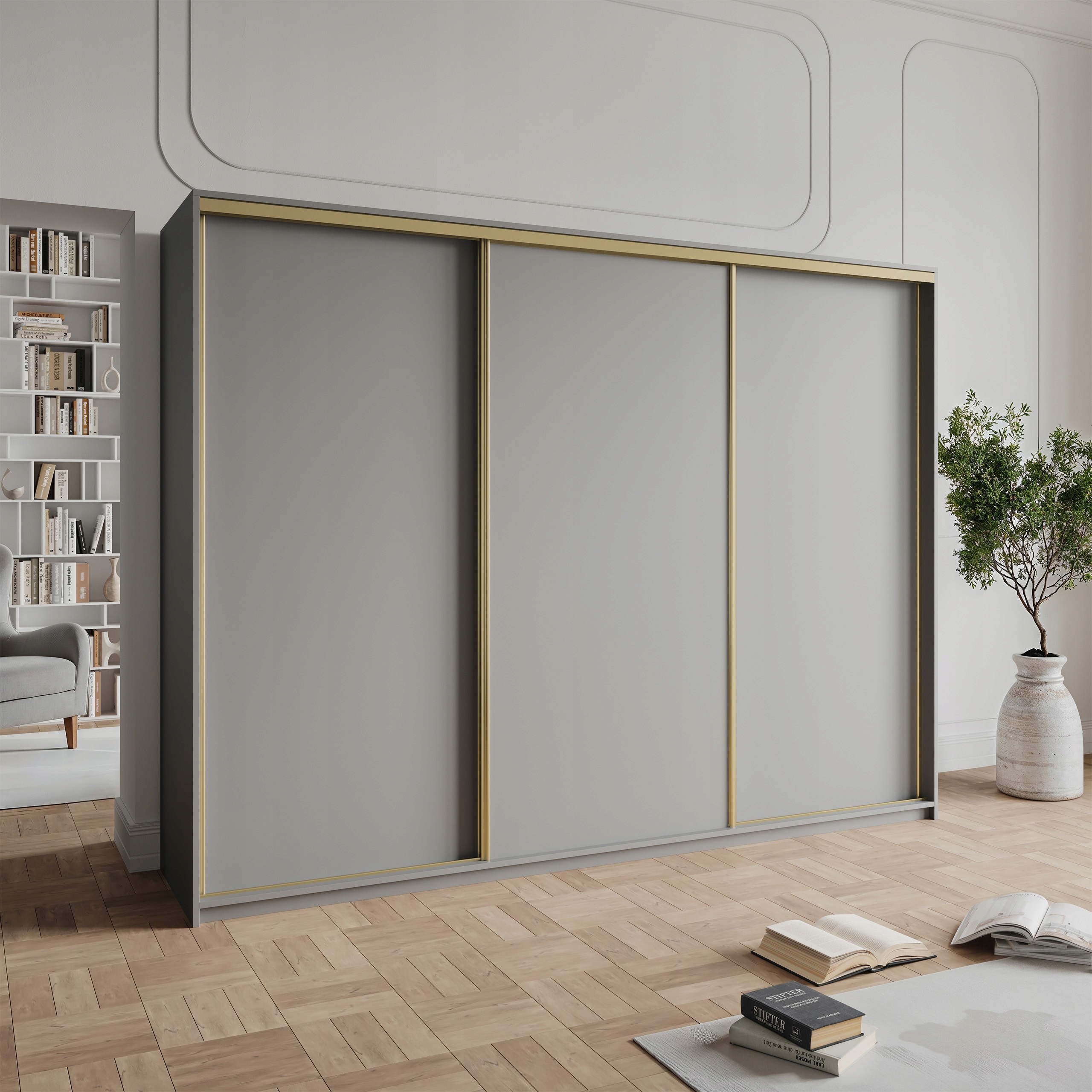 Skříň 250 cm s třídveřovými zásuvkami Grafit zlatá