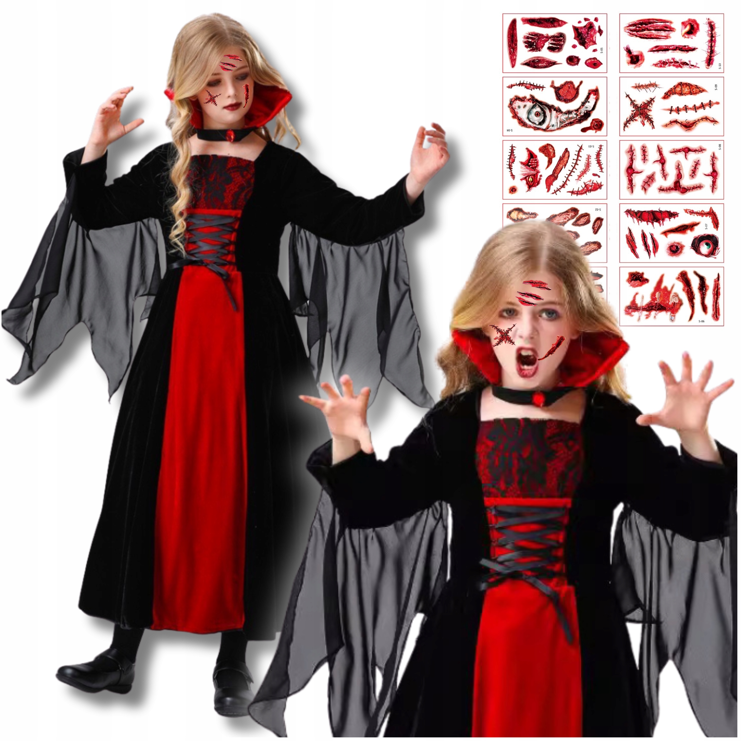 Strój Na Halloween Wampirzycy Sukienka Wampir Zombie Tatuaże 146-152