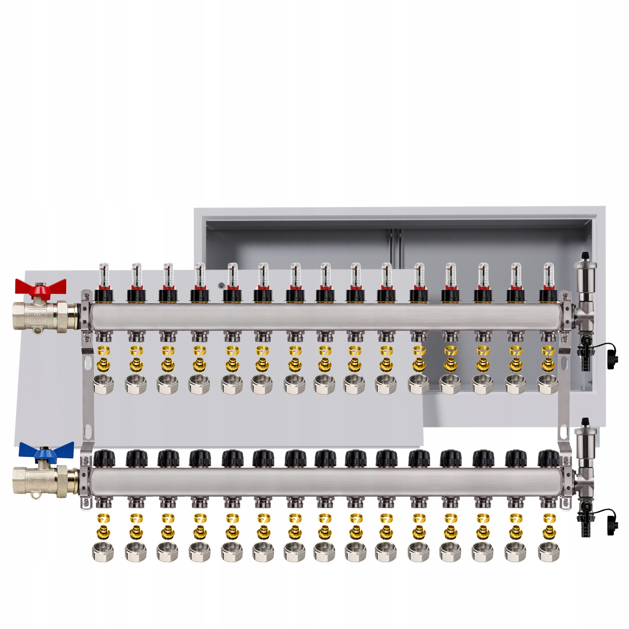 Nerezový rozdělovač pro podlahové krytiny 15 okruhů podomítková skříňka Pex