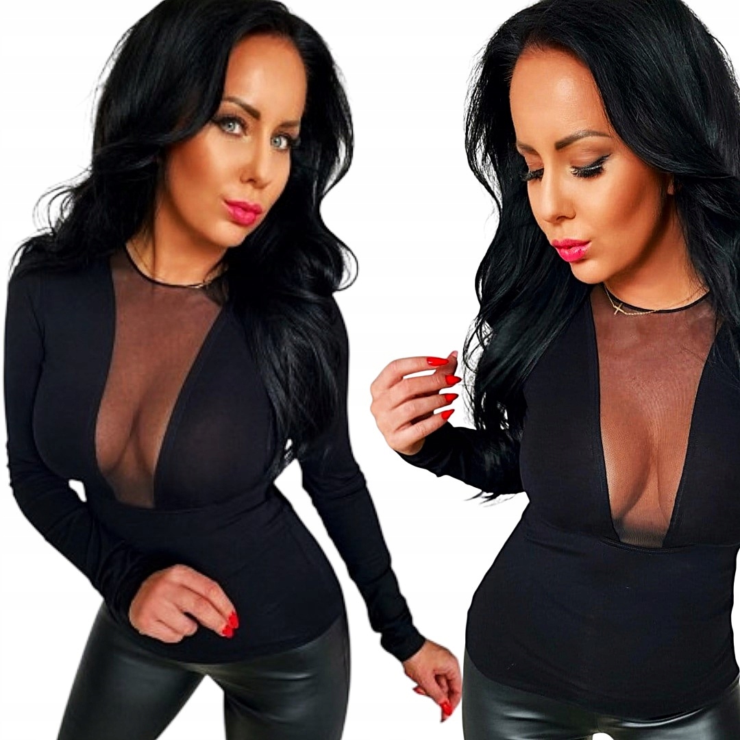 Černá dámská večerní halenka s hlubokým sexy výstřihem, průhledná, velikost M 38