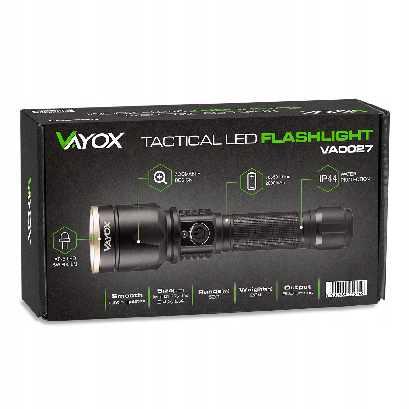 LATARKA TAKTYCZNA LED MOCNA AKU ZOOM USB IPX VAYOX Długość 17.1 cm