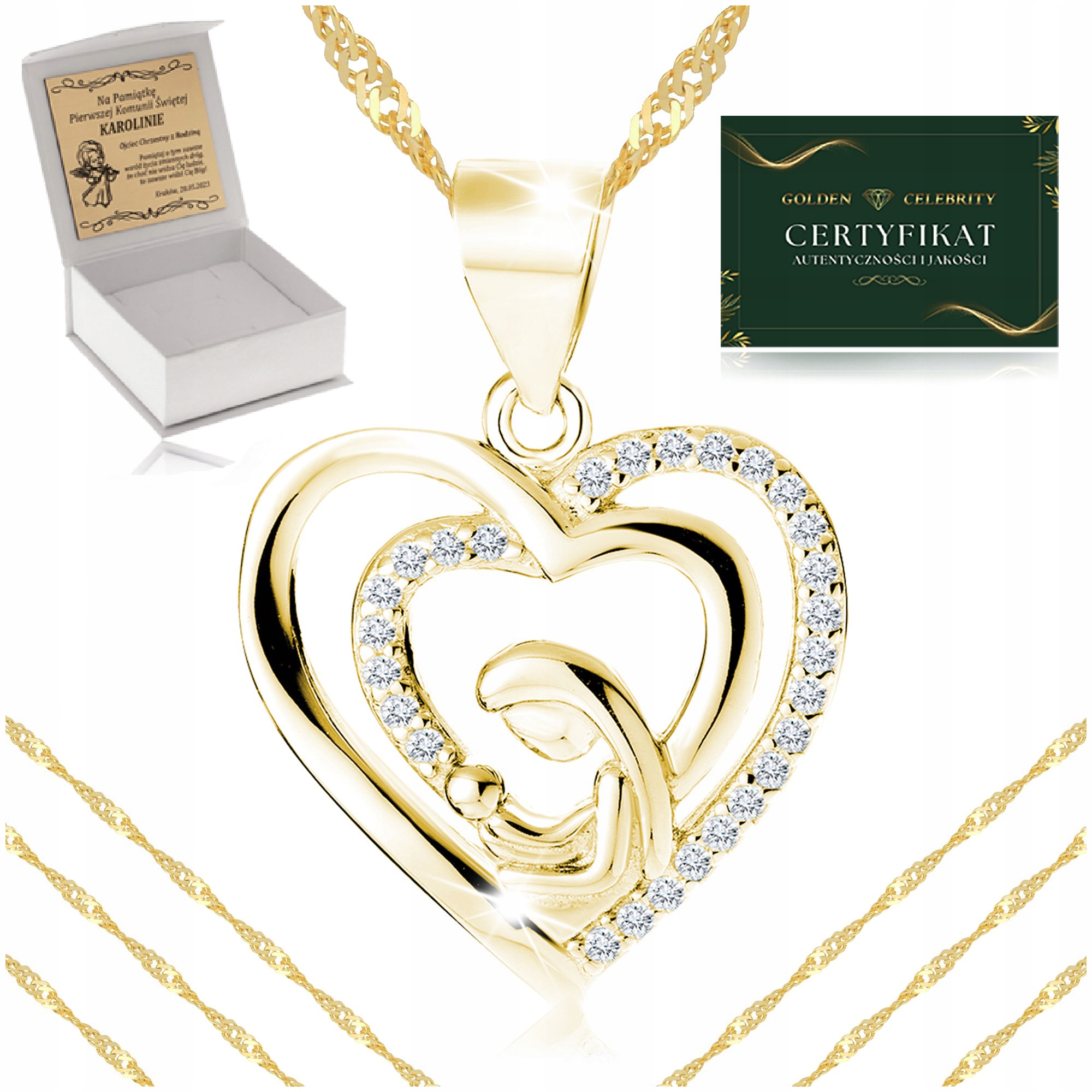 ZŁOTY ŁAŃCUSZEK+MEDALIK 925/585 PREZENT DLA DZIEWCZYNKI NA KOMUNIĘ + GRAWER