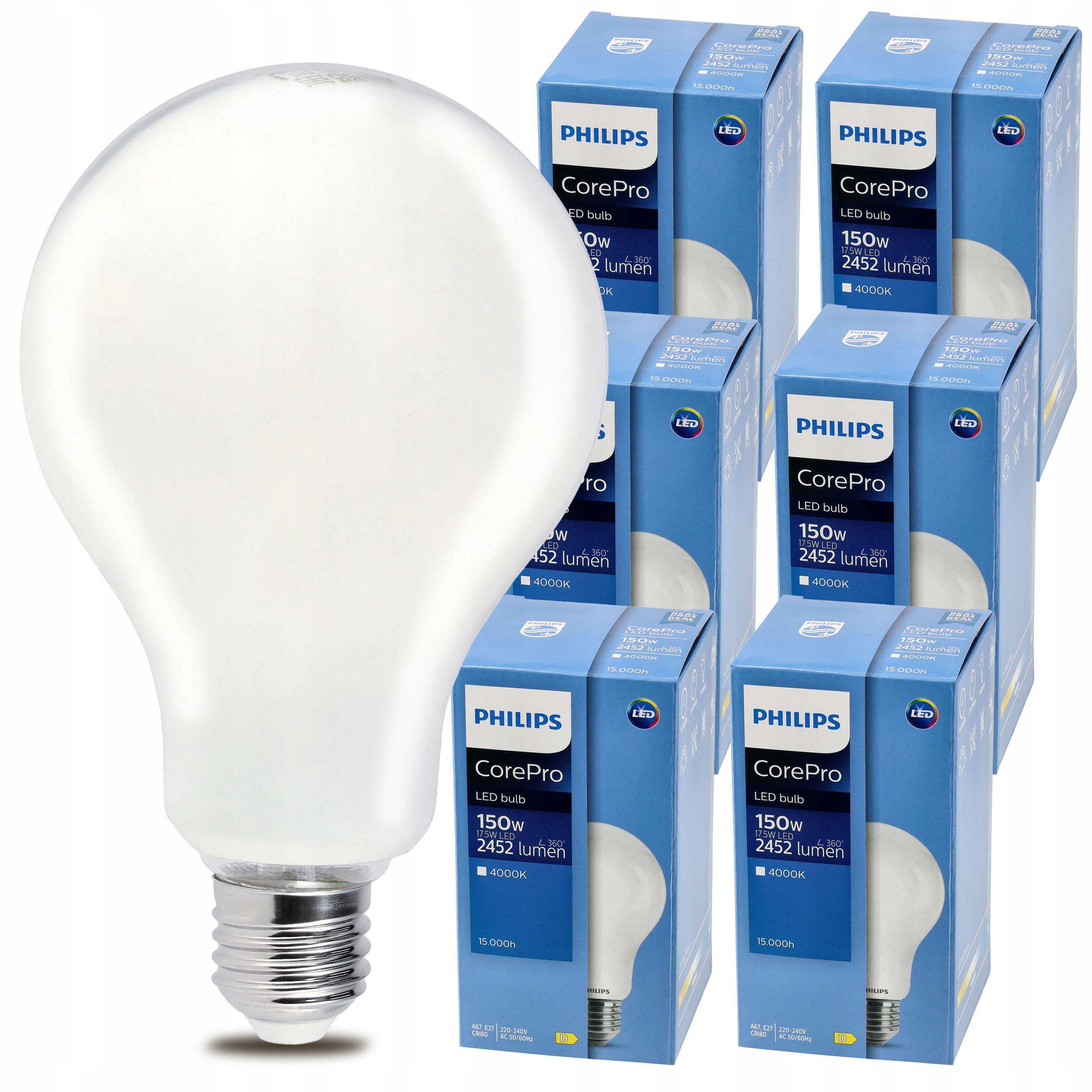 6x Led žárovka E27 Philips 17,5W 150W 2452lm Barva Neutrální 4000k Premium