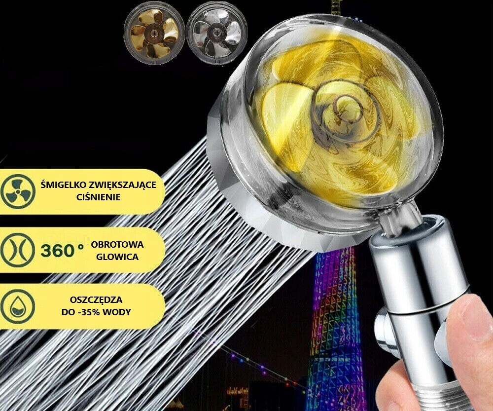 SŁUCHAWKA PRYSZNICOWA Z TURBINĄ WENTYLATOREM 360 + ROCZNY ZAPAS FILTRÓW Linia CHROMOWANA 4 FILTRY W ZESTAWIE
