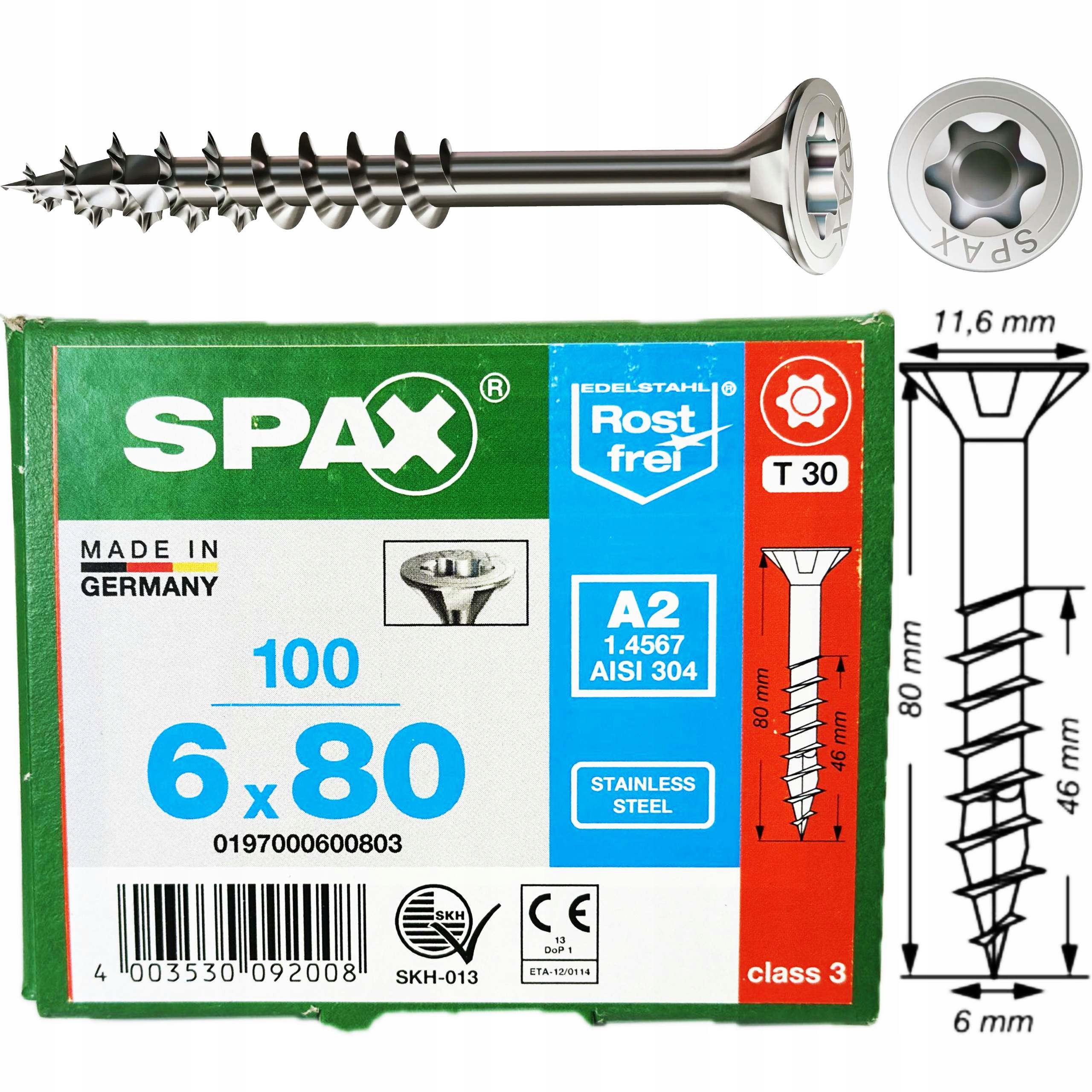 Wkręty Nierdzewne 6x80 mm wkręty do drewna 100szt Stal Szlachetna A2 Spax