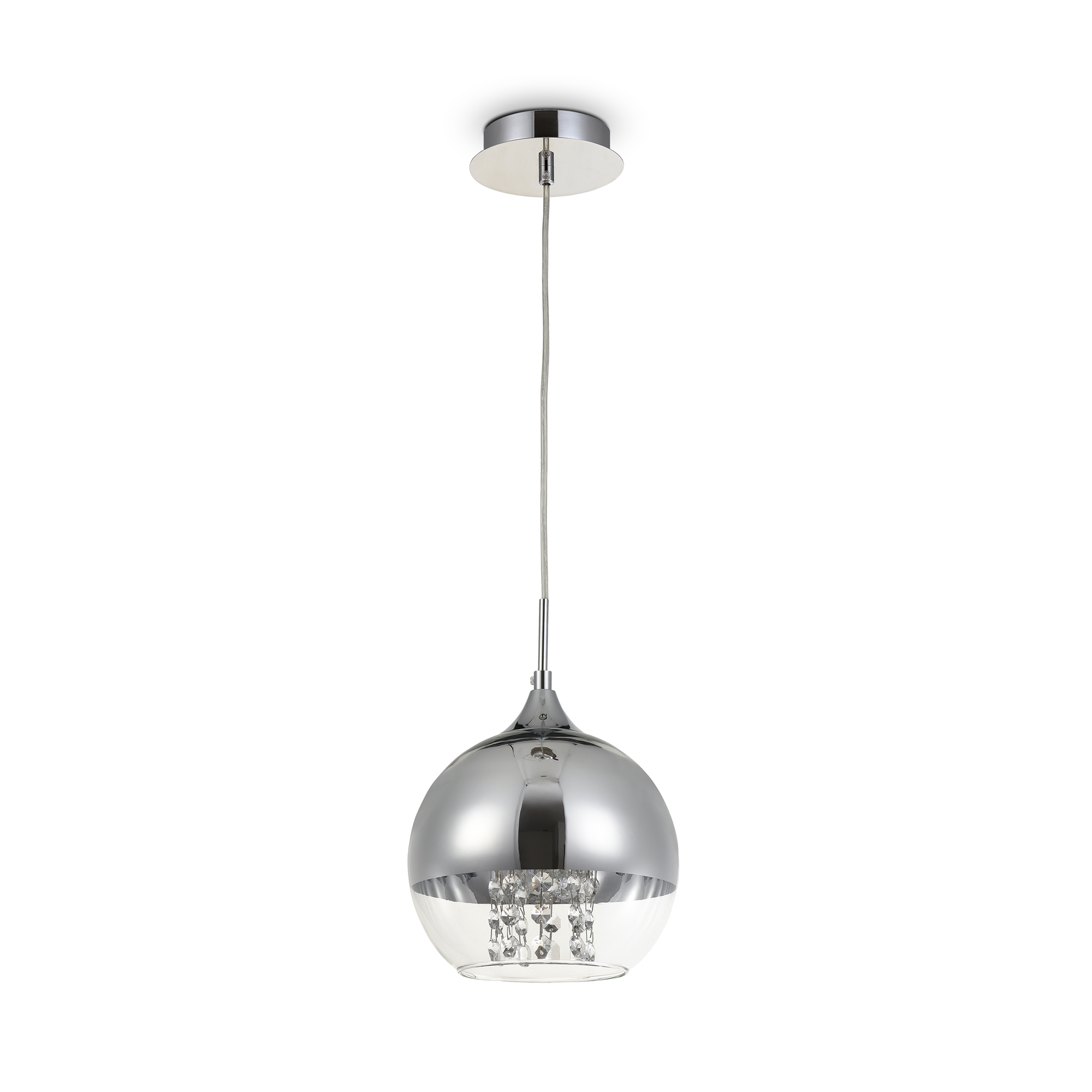 Závesná lampa chrómová, sklenená, guľová s glamour kryštálikmi 20 cm Maytoni