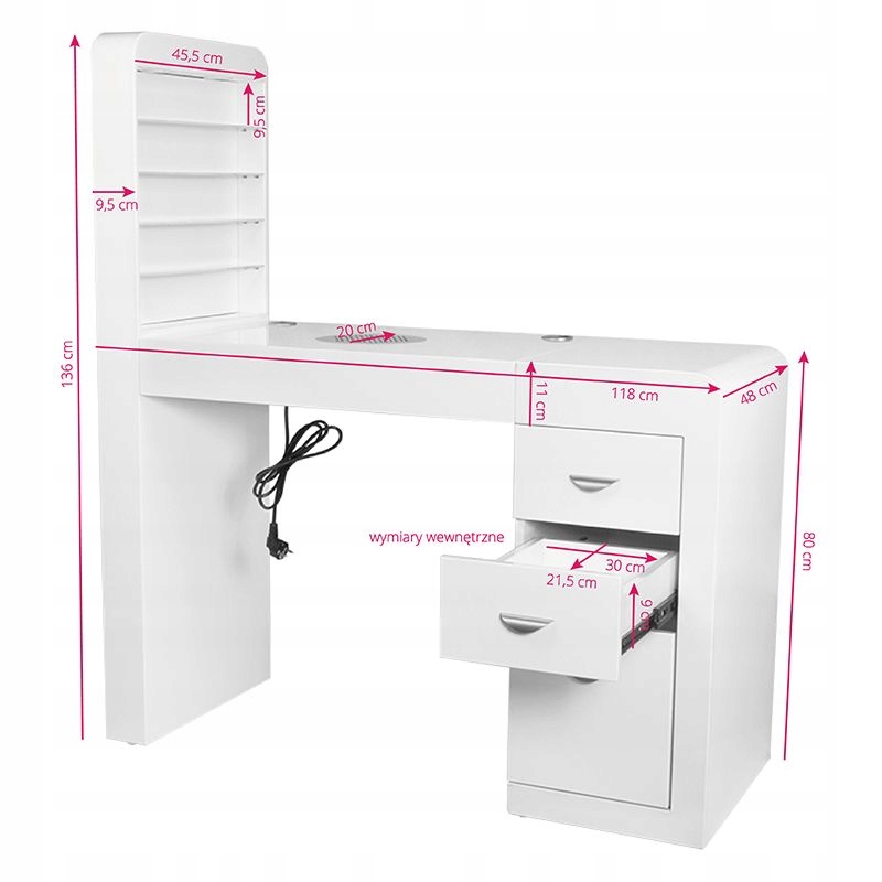 Kosmetický stůl 310 s kazetovým absorbérem, bílý, pravý