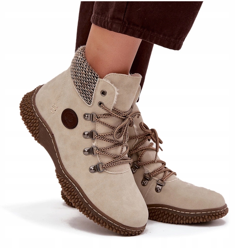 Kotníkové Boty Trapery Zateplené Kožešinou Na Zip, Šněrovací, Světle Béžová 36