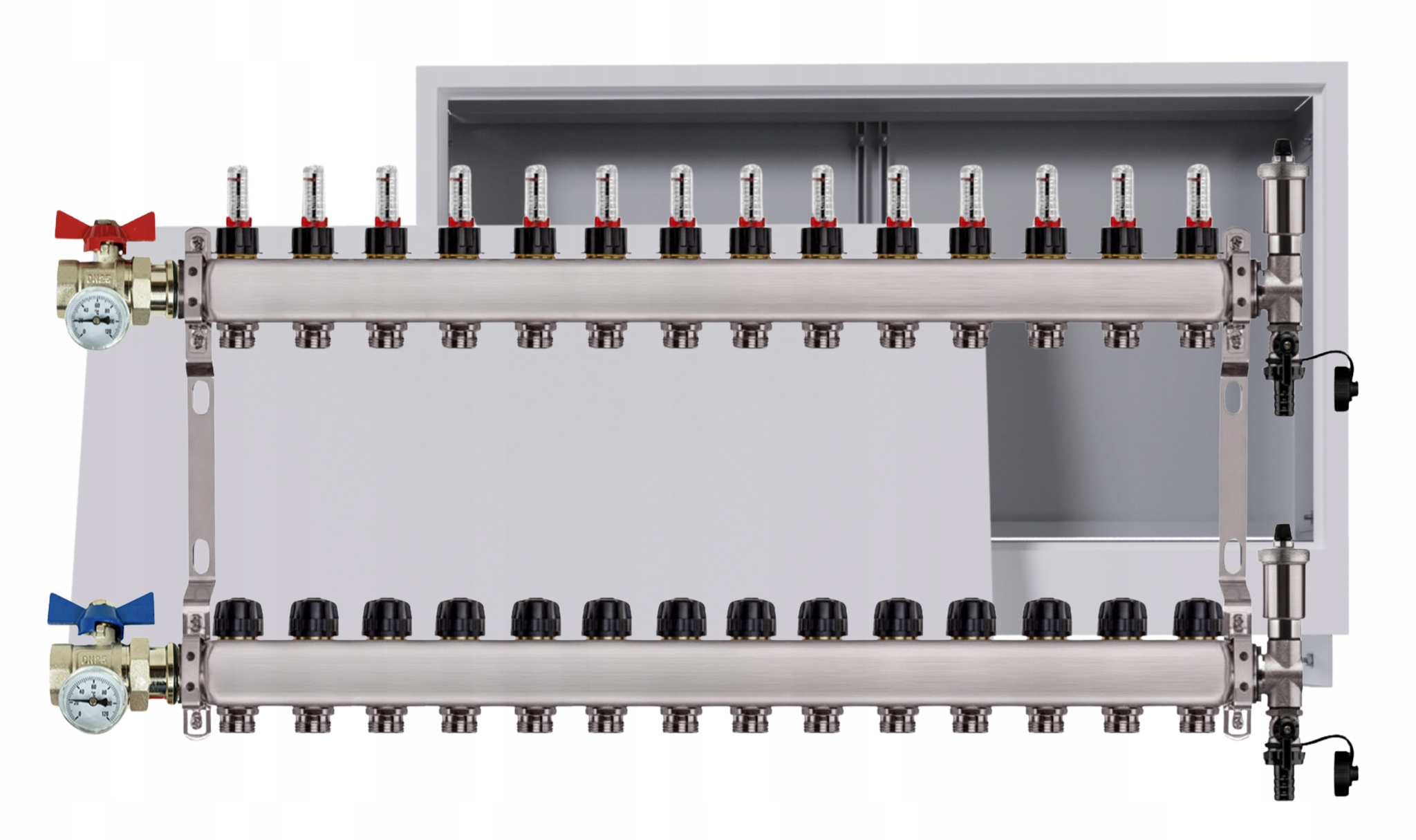 Rozdělovač nerezový Podlahové krytiny 14 okruhů Podomítková skříň Ventily