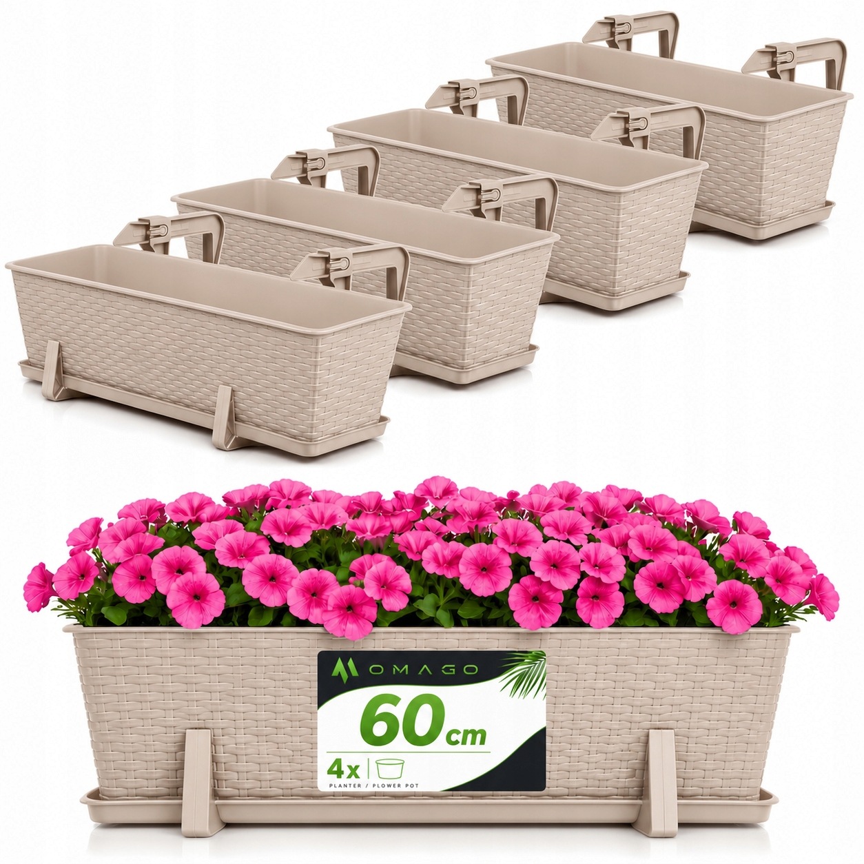 4x Balkonový Truhlík Květináč 60 cm S Držáky Sada Béžová