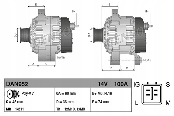 DENSO ALTERNATOR TOYOTA RAV 4 II 2.0 2.4 VVTI Numer katalogowy części DAN952