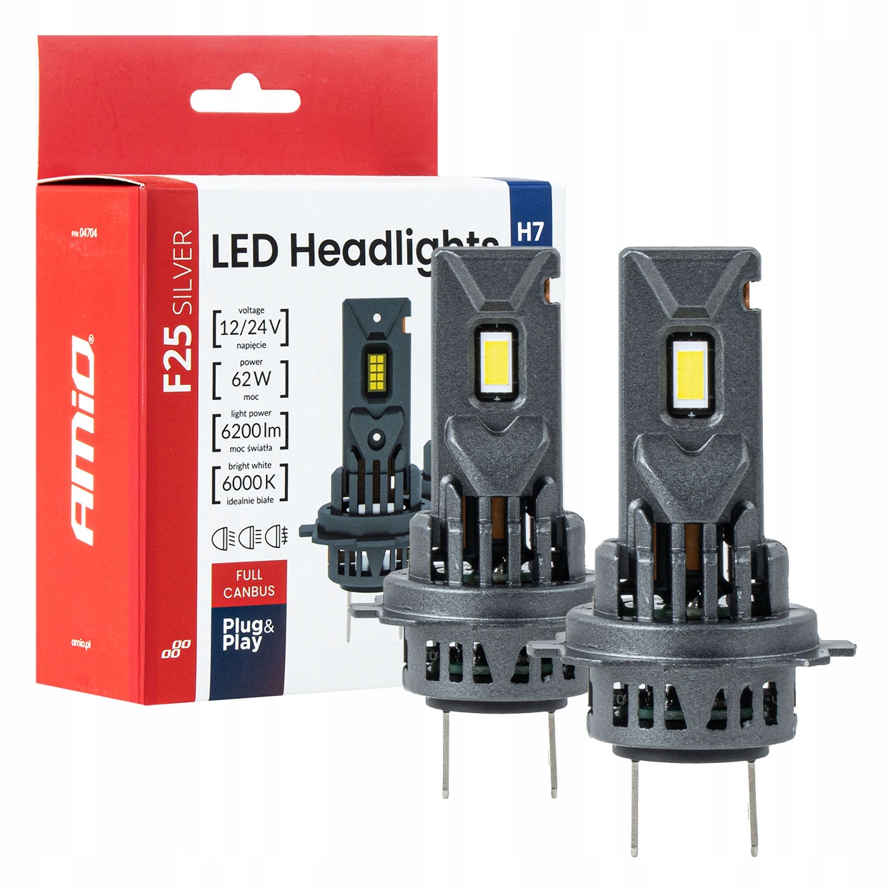 Żarówki samochodowe Led 62W H7 H18 12V 24V F25 Silver Full Canbus Amio