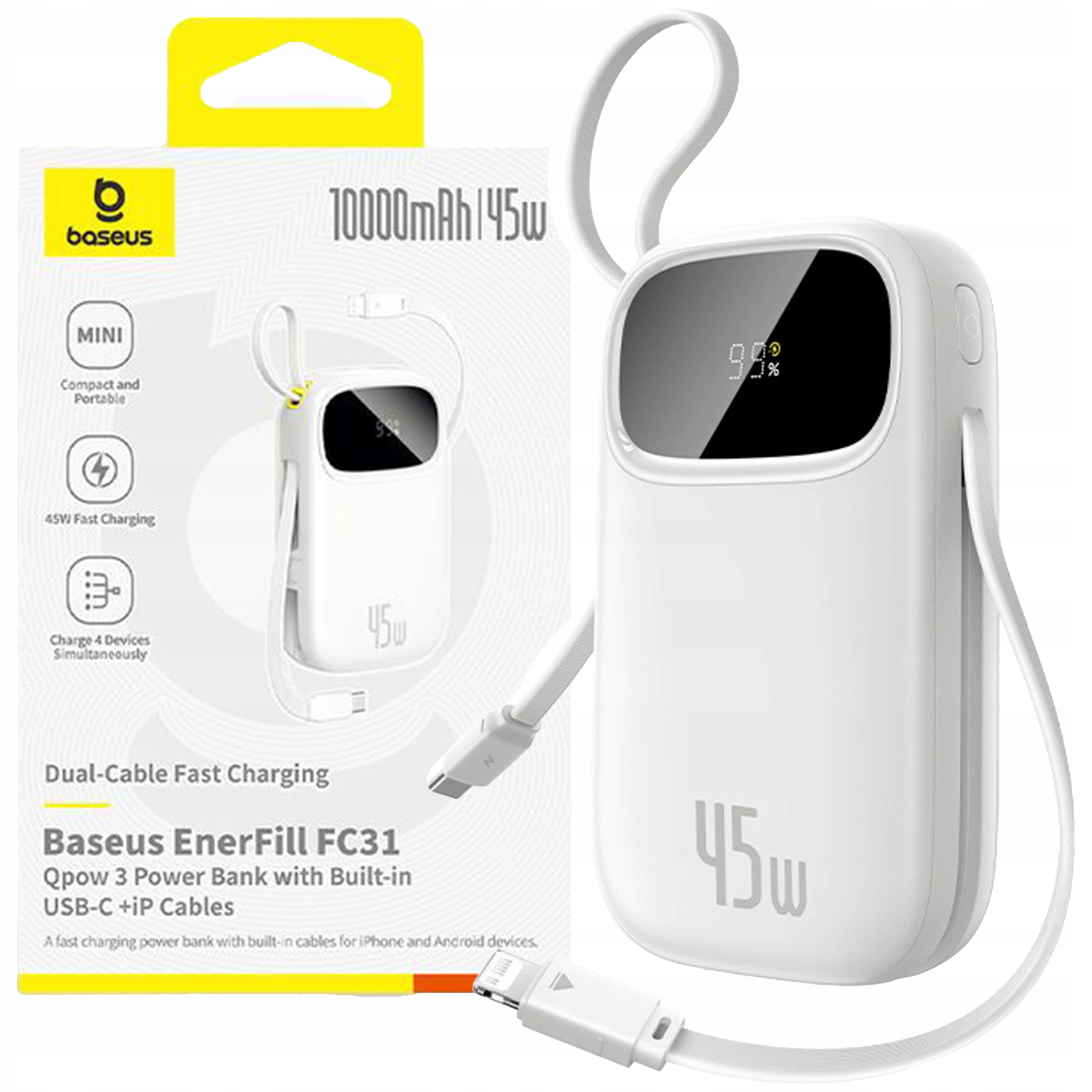 Baseus FC31 3 powerbank kablami USB-C/Lightning 10000 45W księżycowa biel