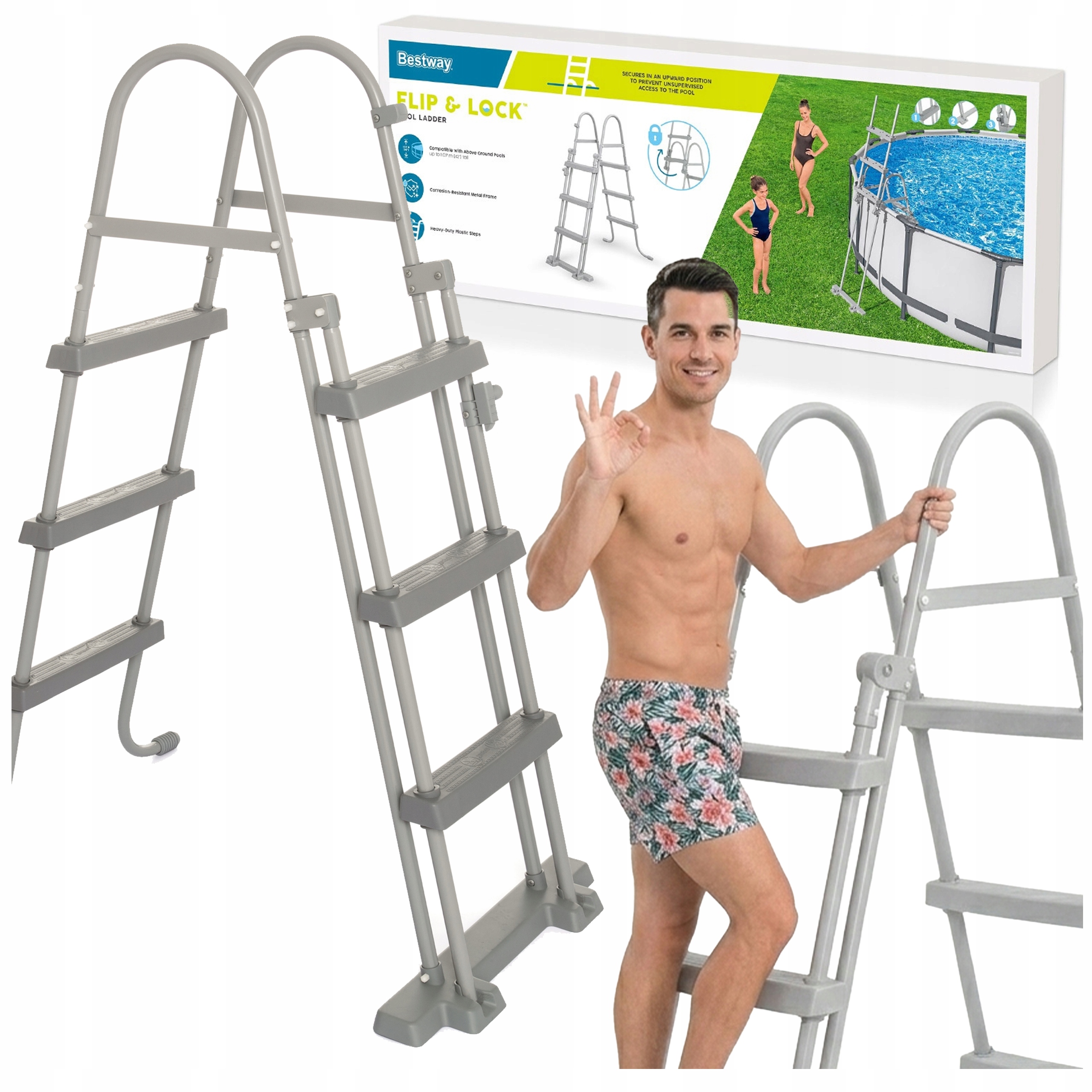 Bestway 58330 žebřík do bazénu 107 cm kovový s protiskluzovými schody
