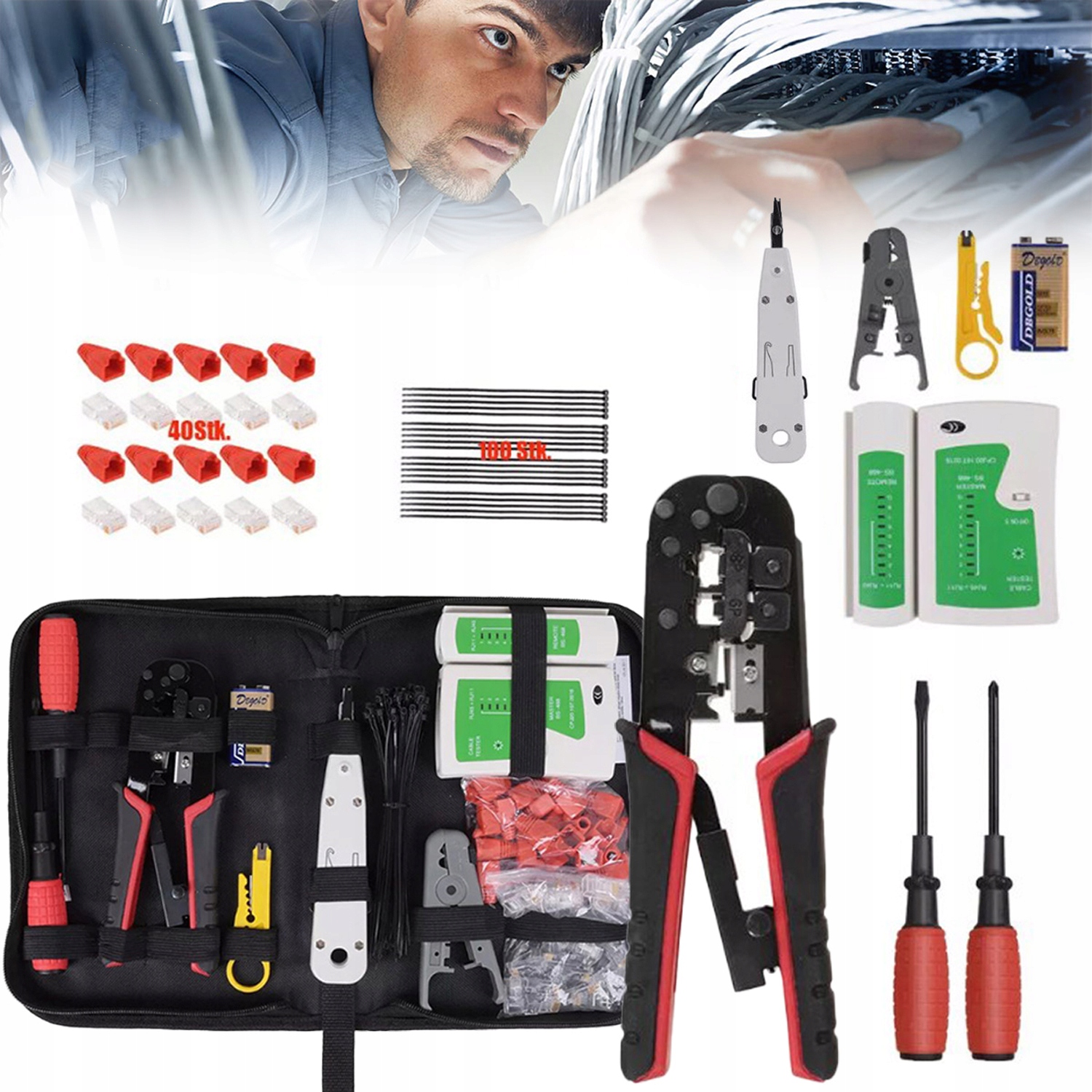 Zestaw Narzędzi Sieciowych Do Wtyków Przelotowych RJ45 Tester Zaciskarka