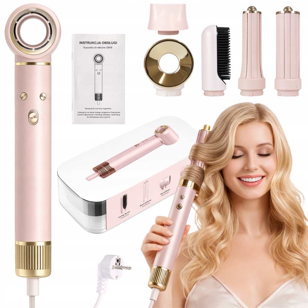 Suszarka Lokówka Do Włosów Jonicacja Wielofunkcyjna 5w1 Air Wrap 1300W Róż